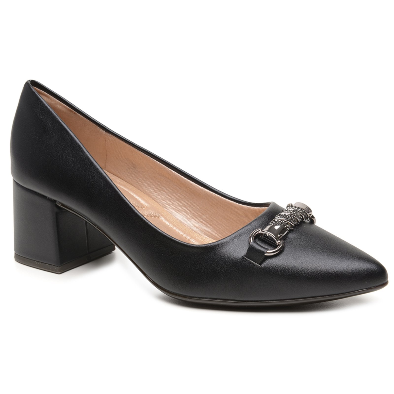 Scarpin Feminino Miuzzi Bico Fino Salto Bloco Couro Legítimo Detalhe Frontal Em Metal Cor Preta