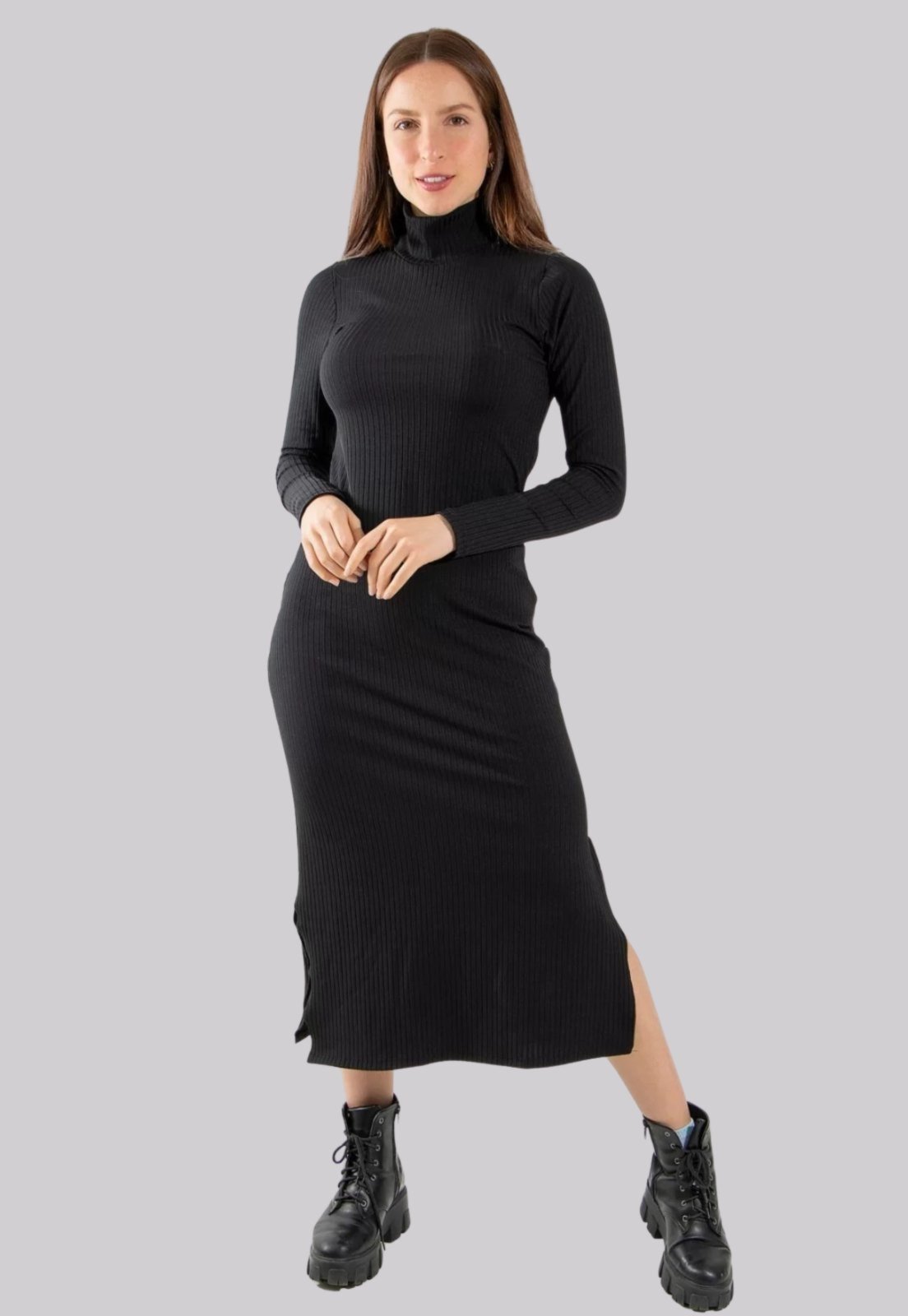 Vestido Midi Gola Manga Longa Ribana