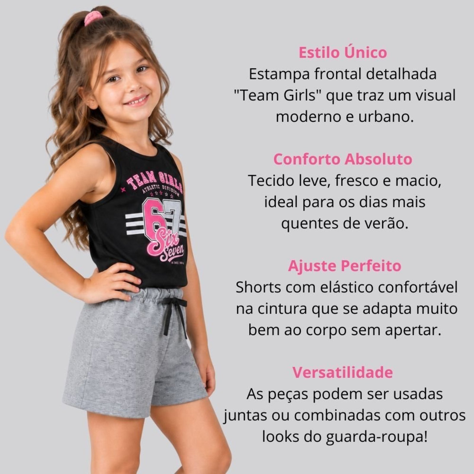 Infantil - Conjunto Menina Regata Girls e Shorts Clochard em Moletinho
