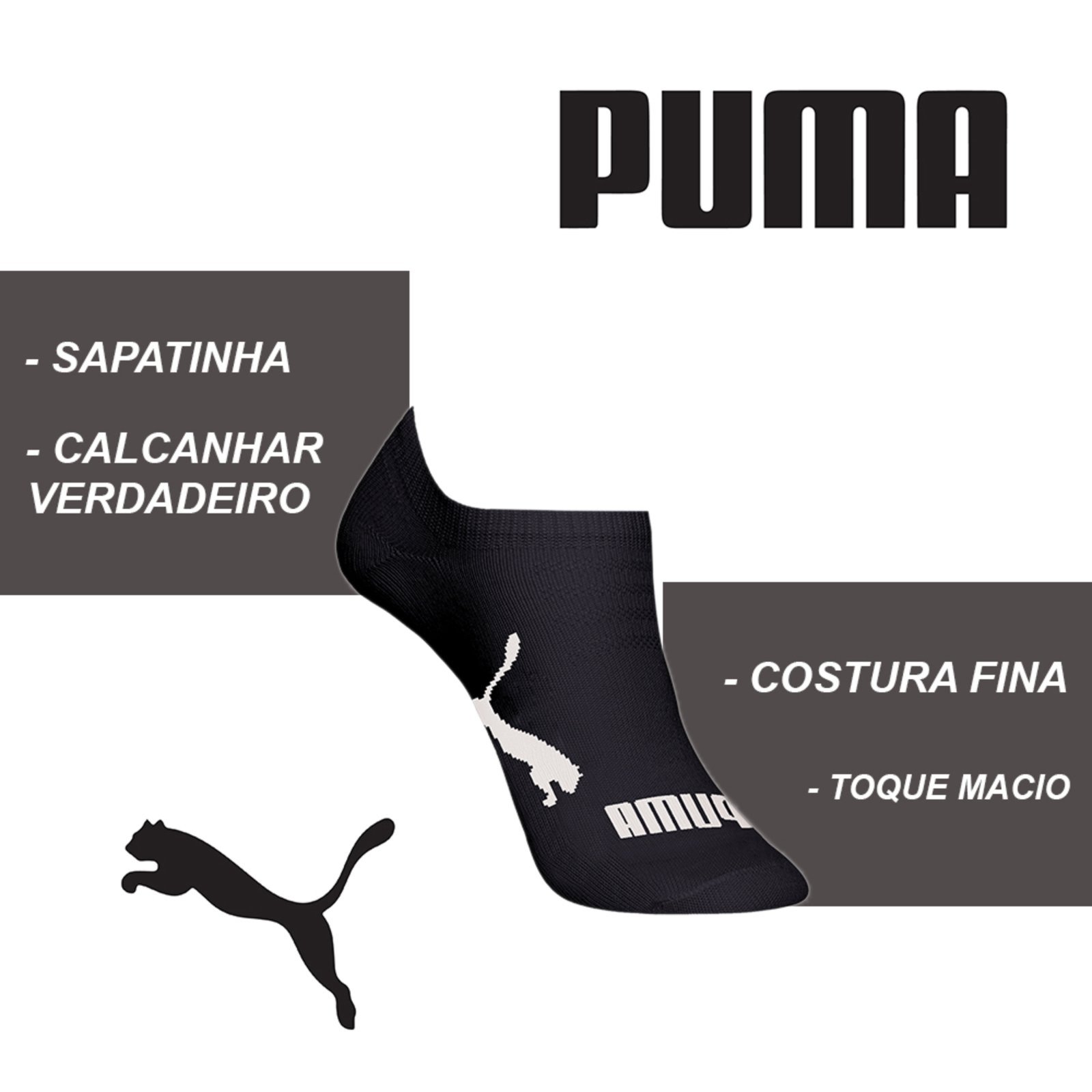 Vista 3 Kit 9 Meias Sapatilha Algod\u00e3o Masculina Puma preto Puma preto