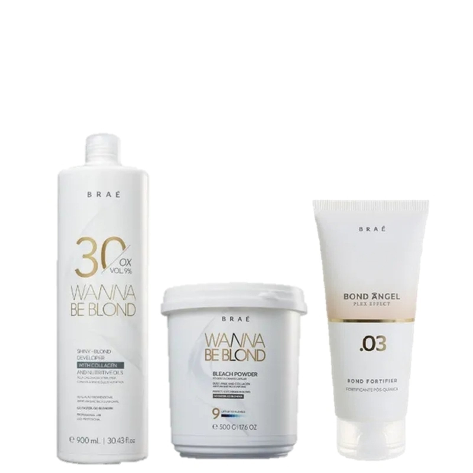 Vista 2 BRAÉ Wanna Be Blond 9% Água Oxigenada 30 Volumes 900ml Pó Descolorante 500g e Plex Efect Passo 3 100ml multicolorido BRAÉ multicolorido