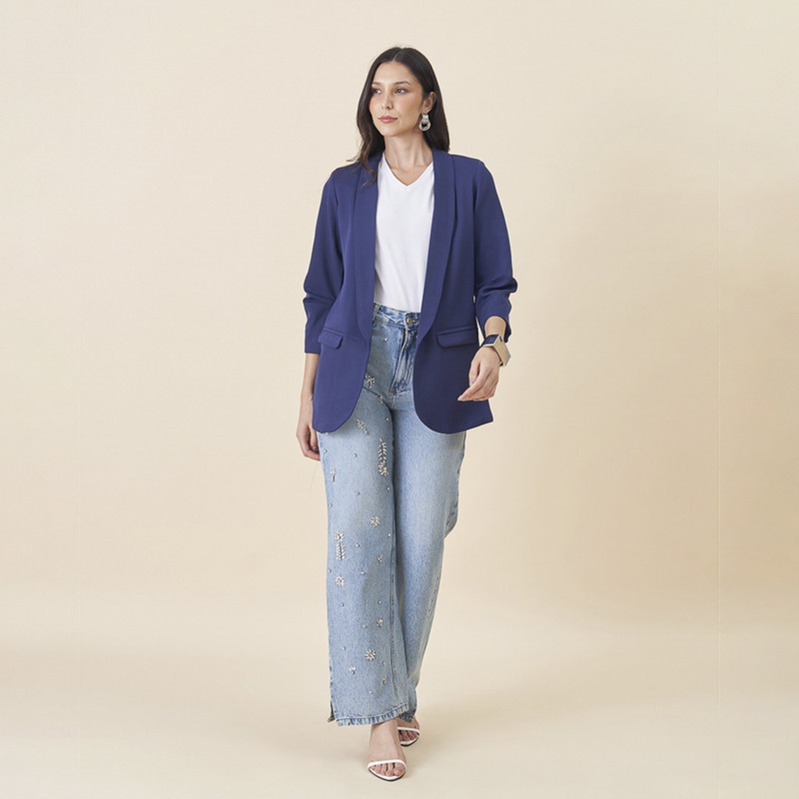 Blazer Auston Manga com Prega Azul Marinho