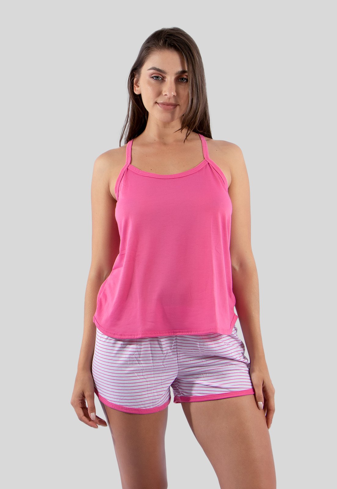 Baby Doll Short Listrado + Blusa Lisa Rosa