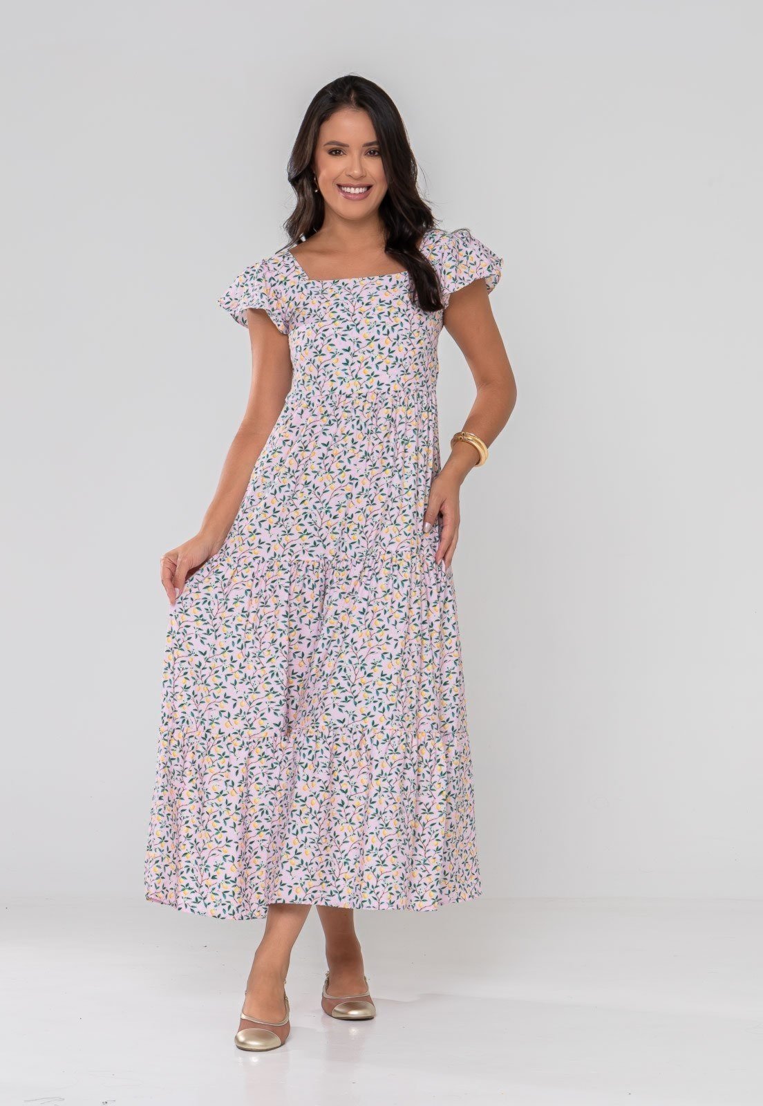 Vista 3 Vestido Aura Débora Viscoamida Limões amarelo amarelo
