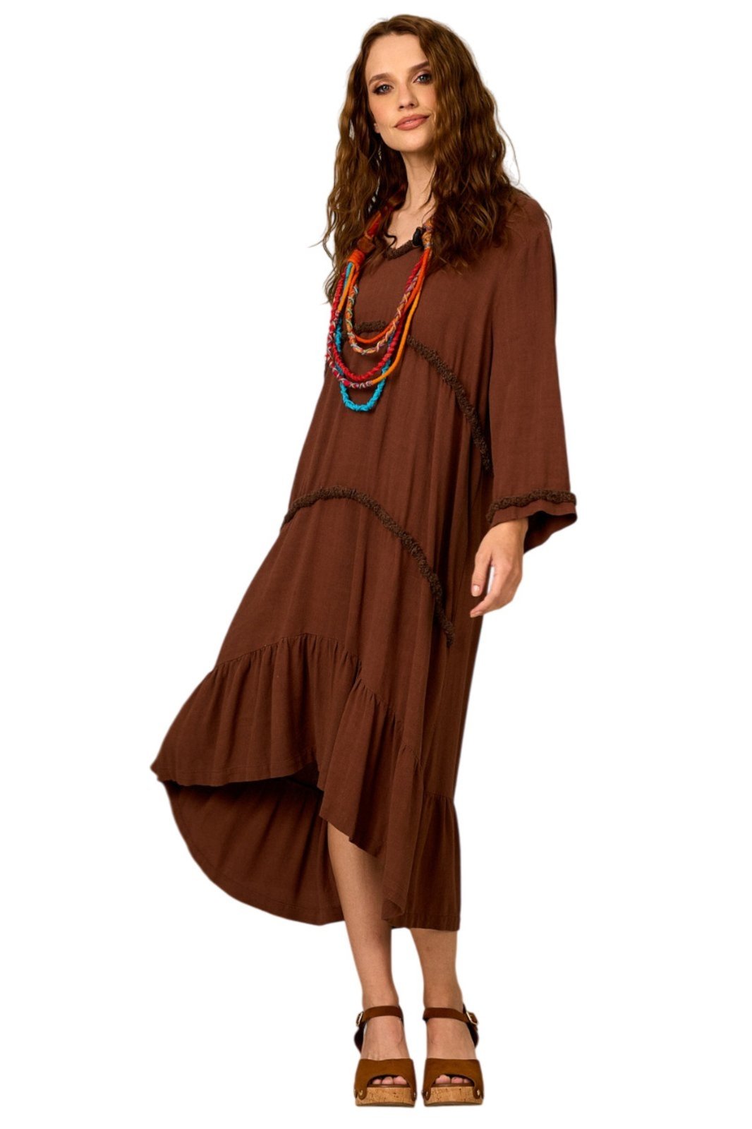 Vestido Midi De Viscolinho Com Babados Marrom Escuro Yacamim E16 – Marrom