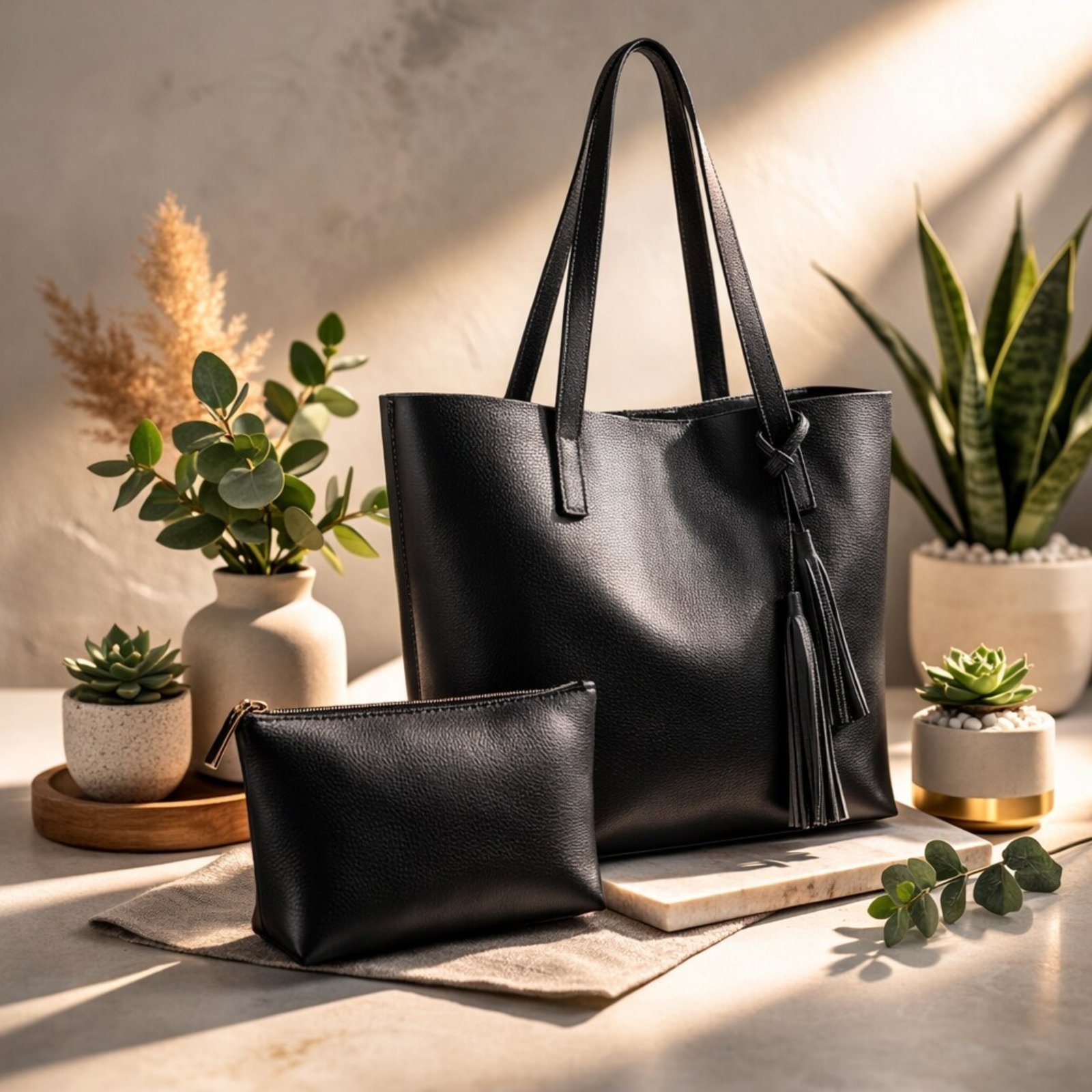 Kit Bolsa Boho Sacola e Necesseire TopGrife Couro Preto