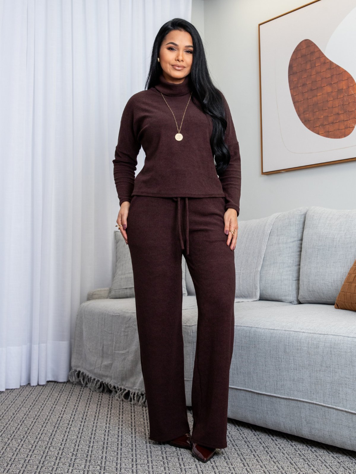 Conjunto Feminino Malha Cotelê Comfy Premium Inverno Marrom