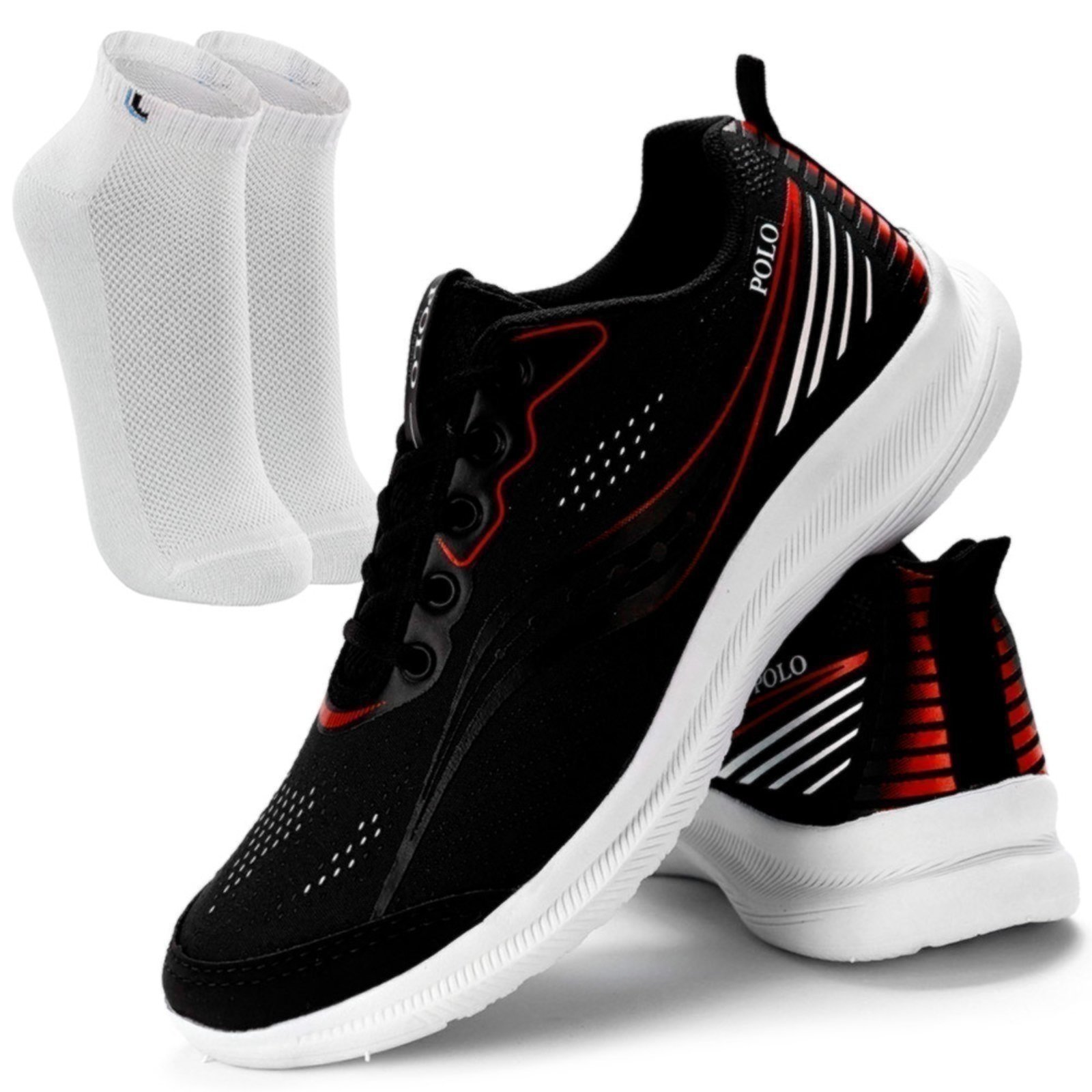 Kit Tênis Masculino Polo Running Academia Caminhada Vermelho + Meia Algodão LUPO Branca