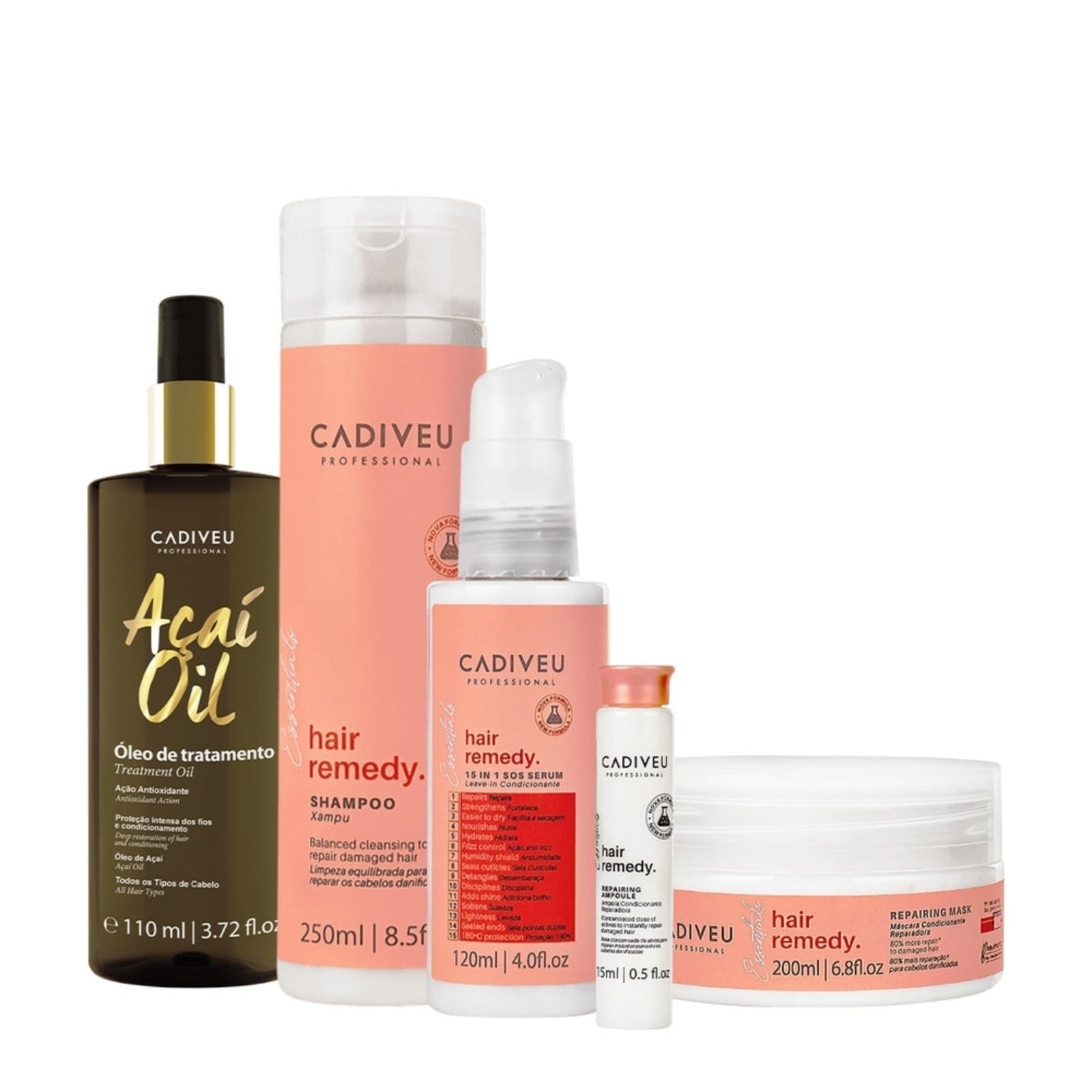 Kit Cadiveu Essentials Hair Remedy Shampoo Máscara Leave-in Sérum Ampola e Açaí Oil 110 (5 produtos)