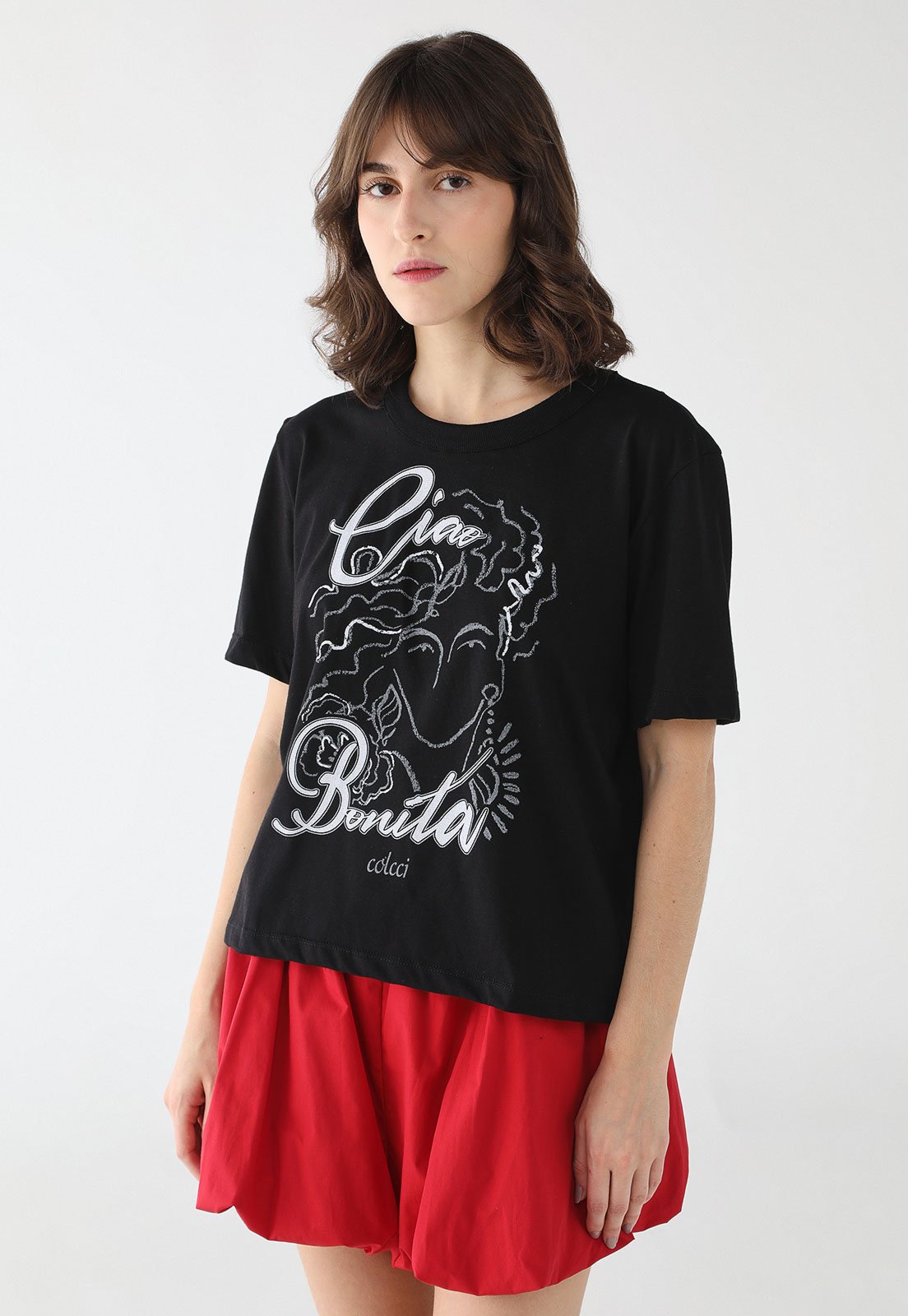 Vista 2 Camiseta Feminina Colcci Estampa Ciao Bonita Preta preto Colcci preto