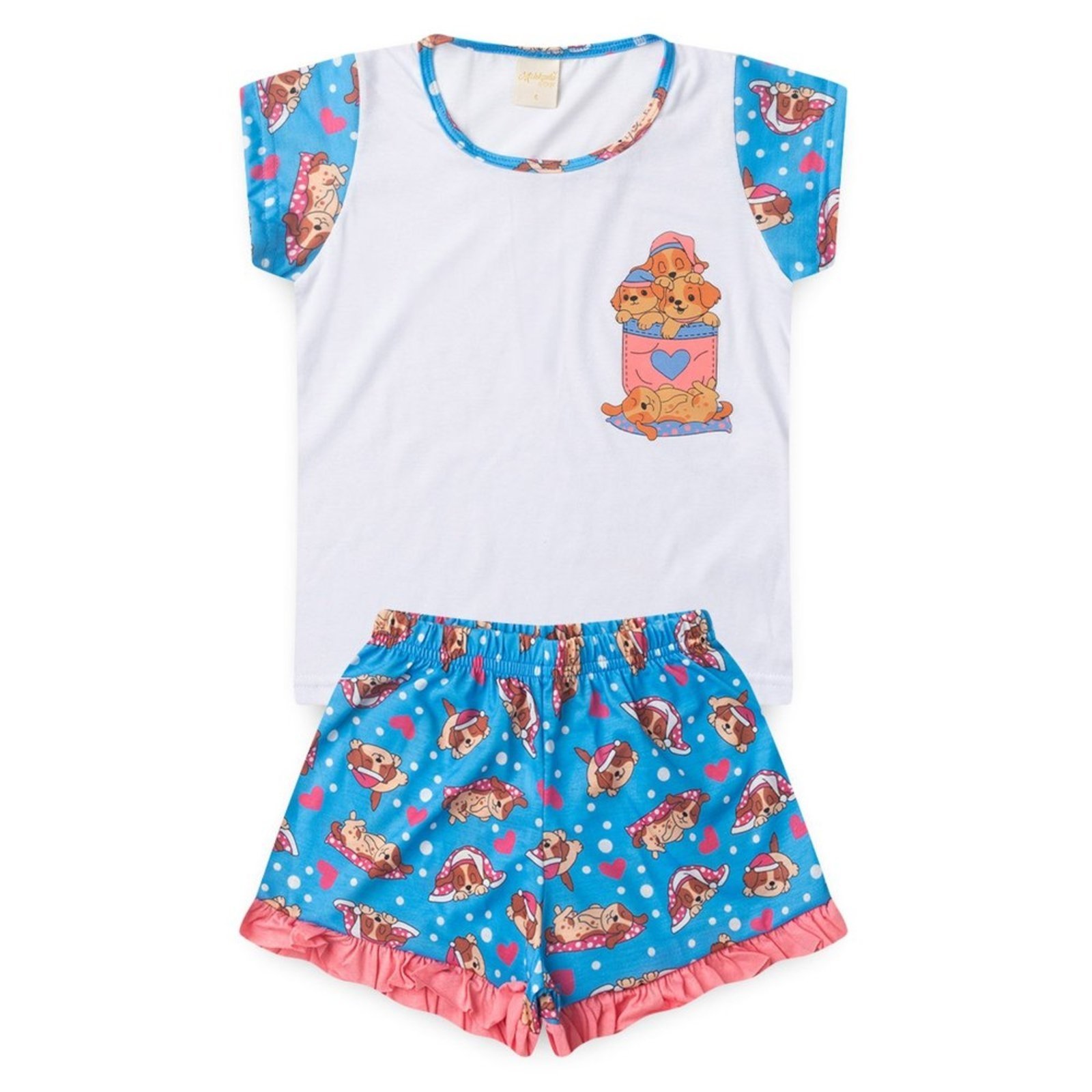 Pijama Verão Menina Branco Blusa e Shorts com Babado Cachorrinhos