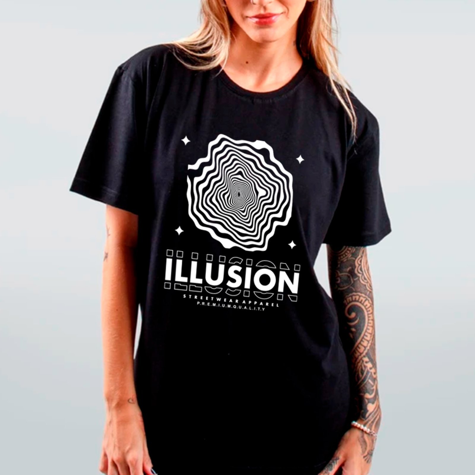 Camiseta Ousy Streetwear Illusion Padrão Óptico Oversized Unissex Preto