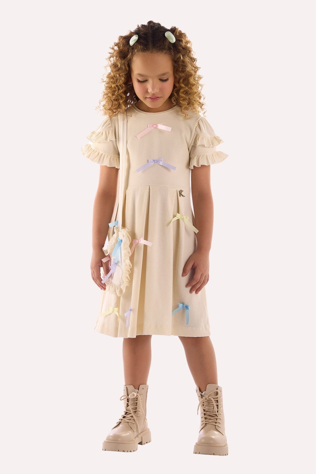 Infantil - Vestido Off em Malha Texturizada com Laços