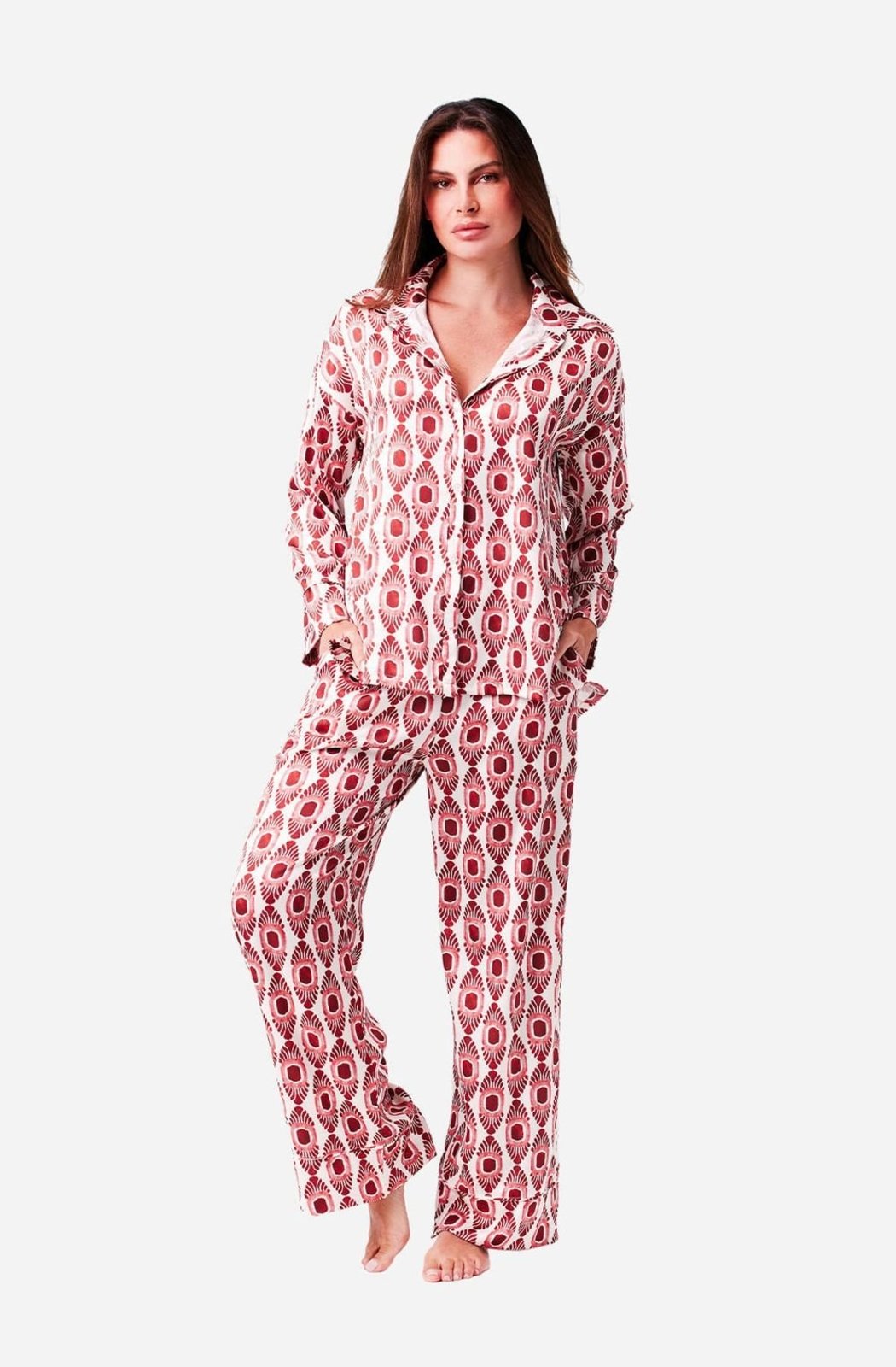 Pijama Longo Manga Longa Aberto Cetim Festa JOGE Manga Longa Rosa