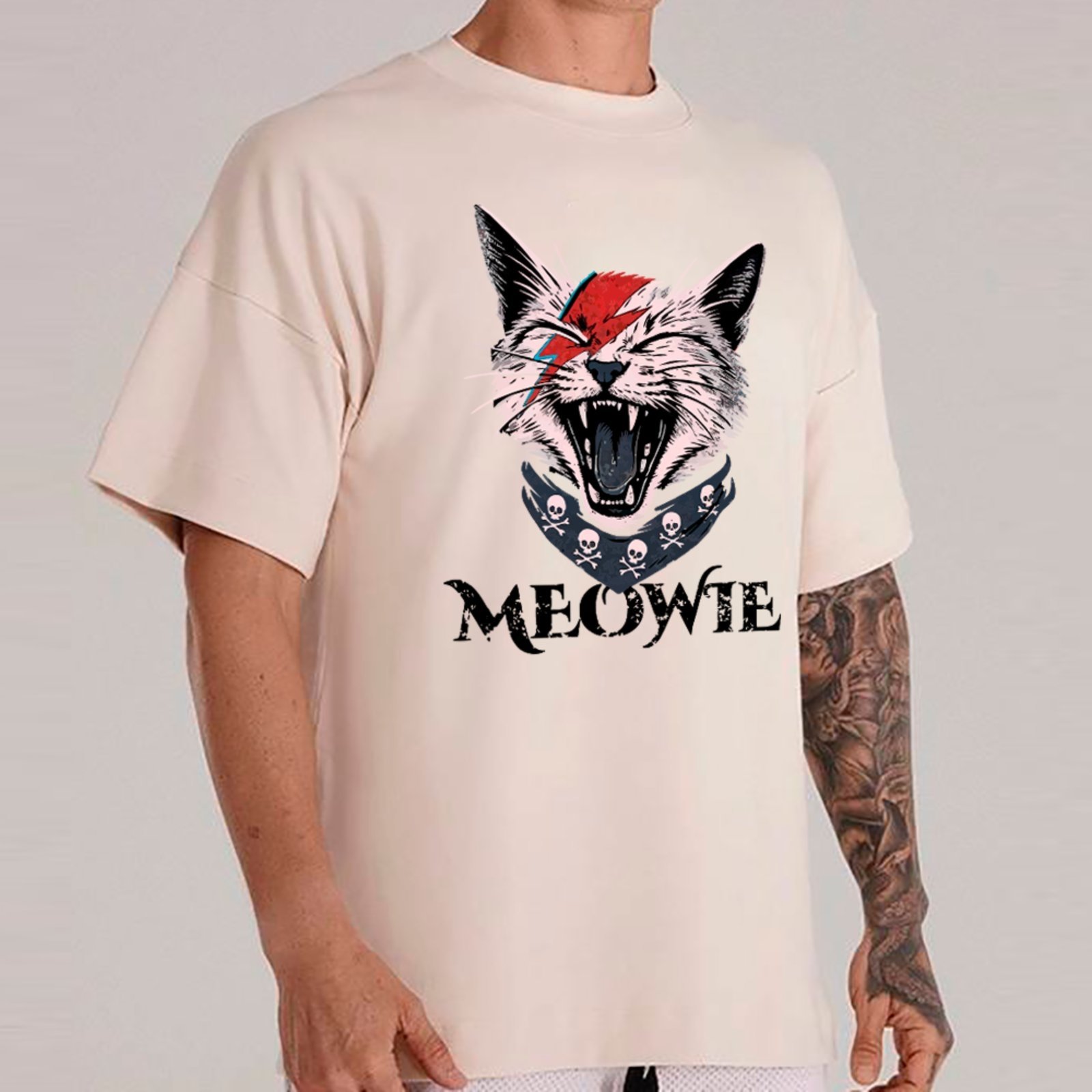 Vista 2 Camiseta Ousy Unissex Streetwear Meowie Gato Rock Pop Cultura Urbana Oversized Off White off-white white ousy off-white white