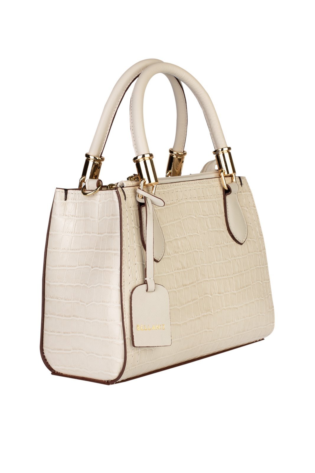 Vista 3 Bolsa Bellaniz Baú De Couro Croco Andressa - Marfim caramelo Bellaniz caramelo