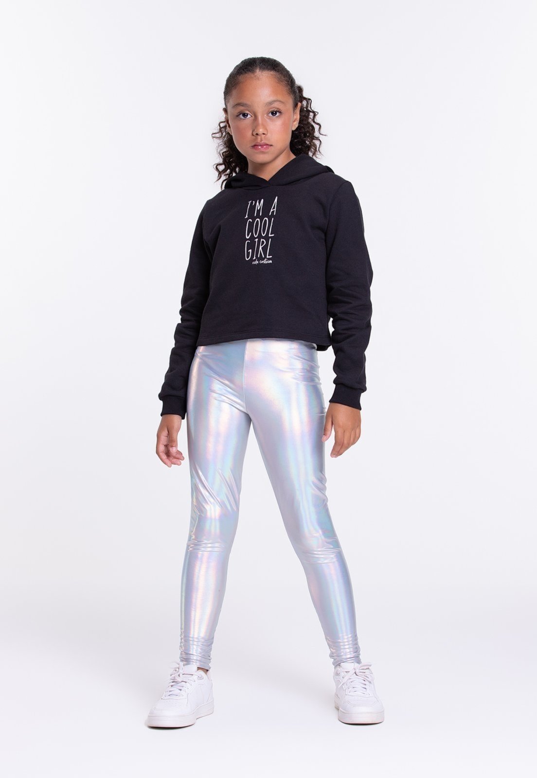 Infantil – Conjunto Moletom Cropped e Calça Holográfica Preto – Vida Costeira
