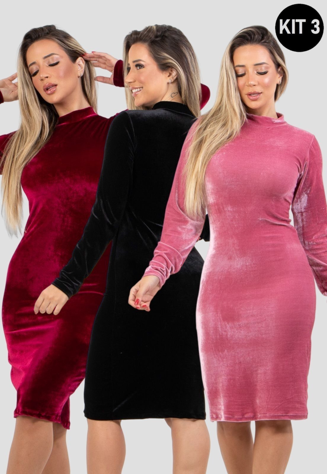 Kit 3 Vestidos Manga Longa 4 Estações Veludo Molhado Midi Festa Casual Inverno Preto/Rosa/Vinho