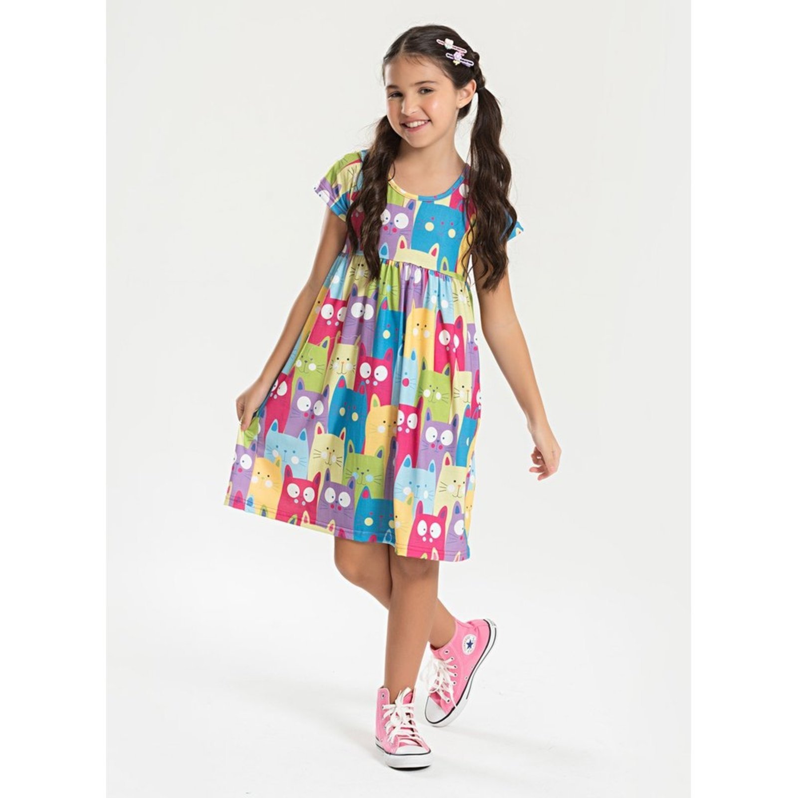 Vista 2 Infantil - Vestido com Manga Verão Menina Pink Gatinhos Molekada rosa pink
