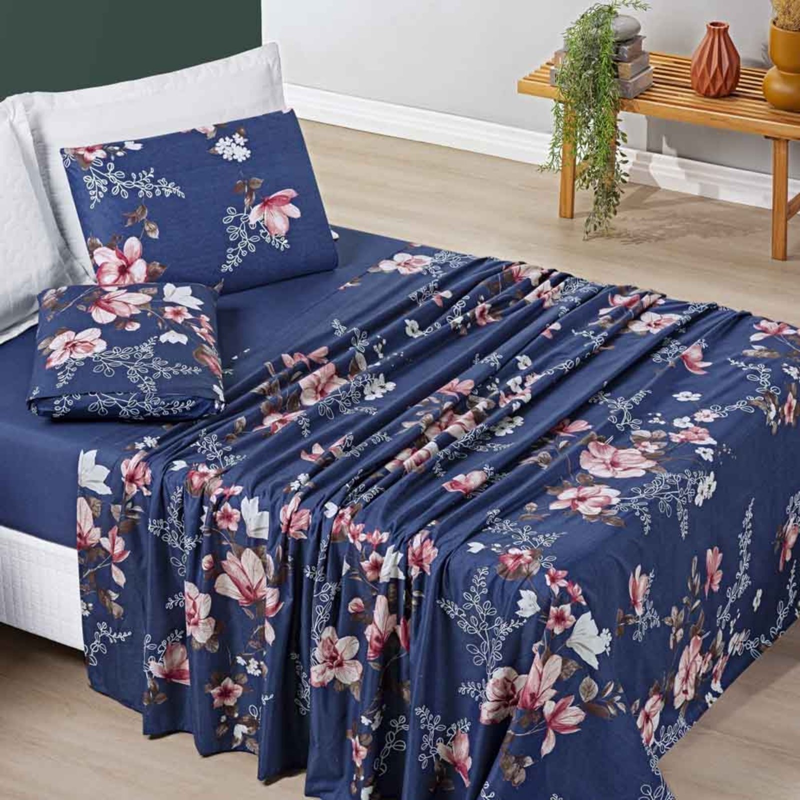 Jogo Cama Lençol Casa Scarpa Celi King Micropercal 200 Fios 4 Peças - Azul Marinho Floral