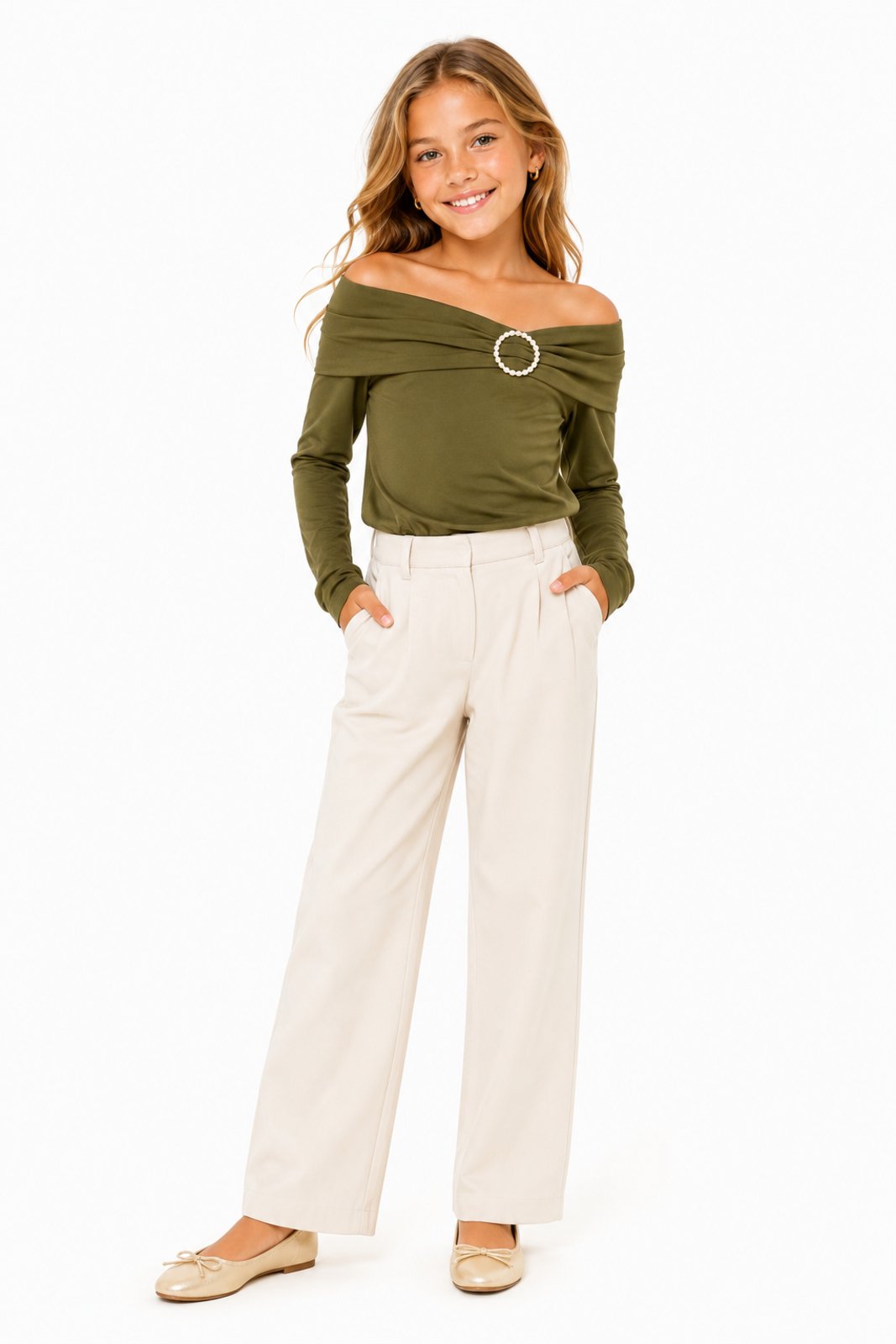 Infantil - Blusa D Bell Outlet Fashion Ombro a Ombro Verde Oliva