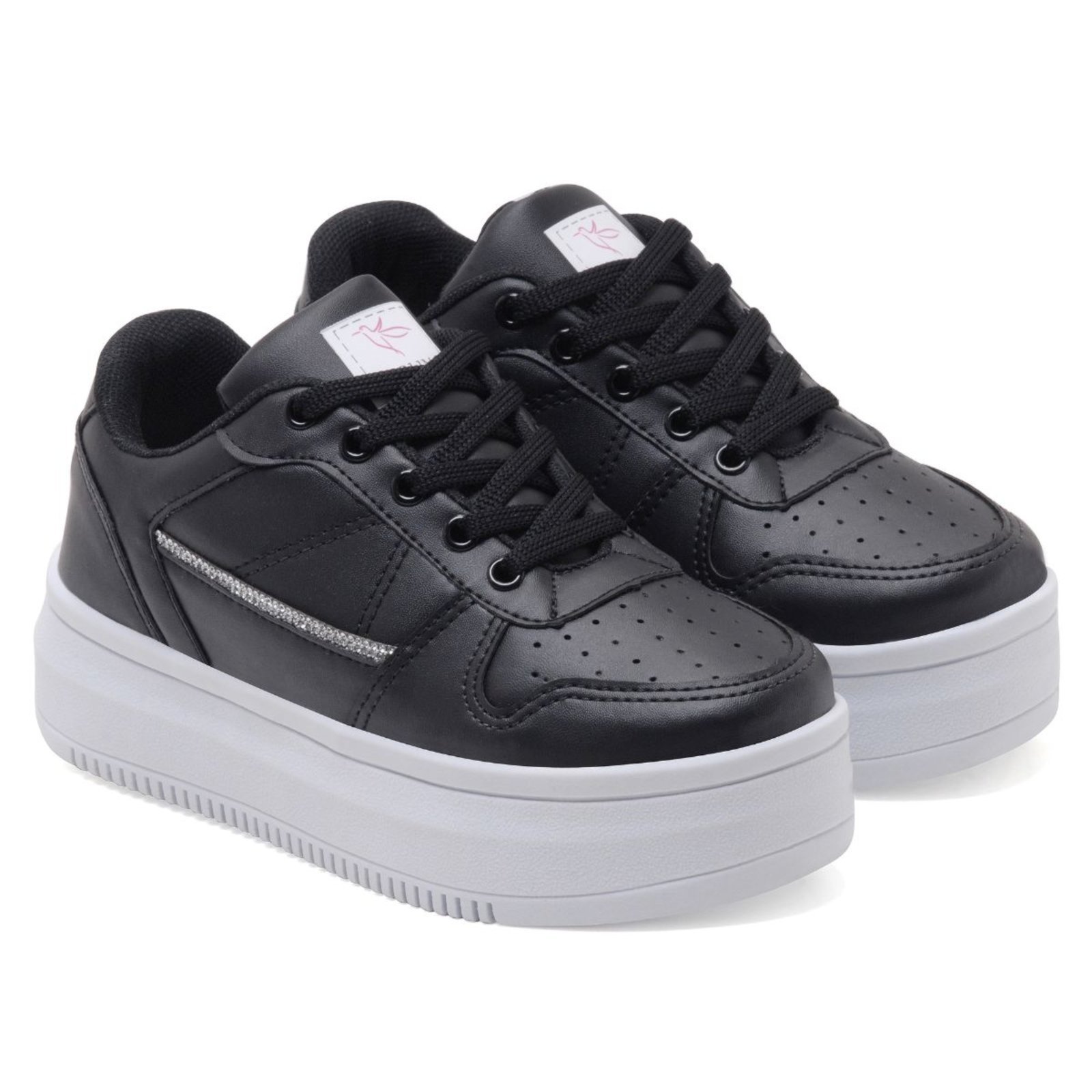 Tênis Feminino Casual com Brilho e Recortes Sola Alta Plataforma Confortável Leve Preto