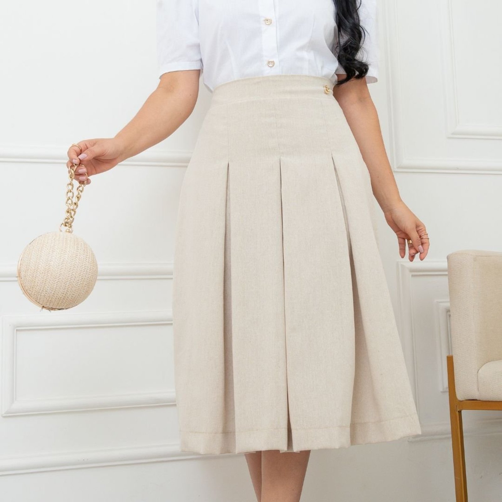 Infantil - Saia Max Midi com Pregas em Linho Misto Moda Elegante Premium Cor Marrom
