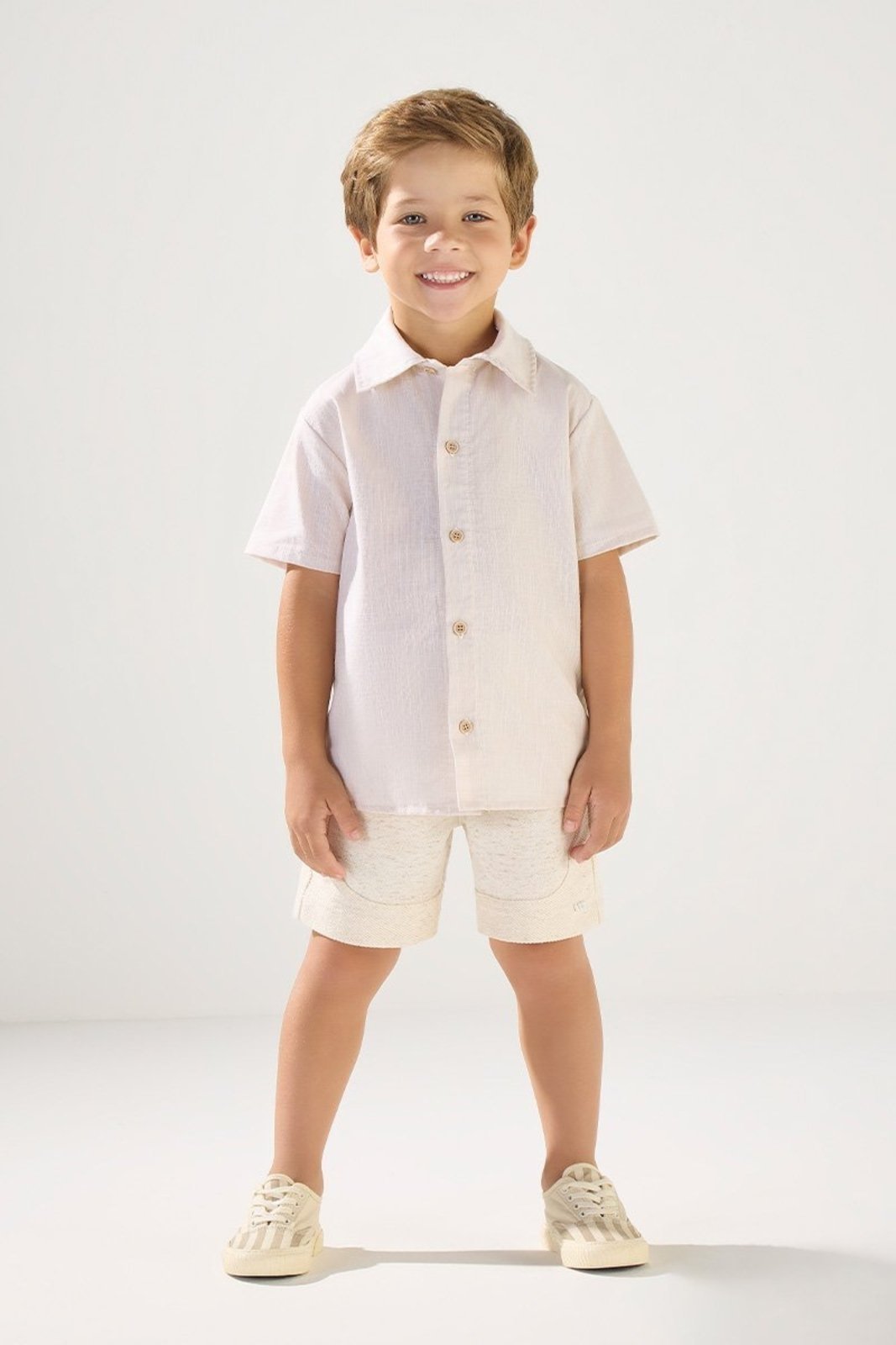 Infantil - Conjunto Camisa Tricoline e Bermuda Moletom com Linho