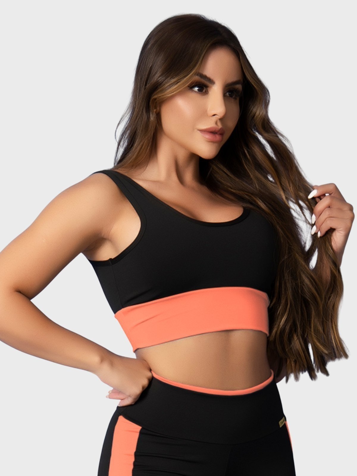 Top Fitness Tarelles Alça Larga Forrado Preto e Laranja Claro