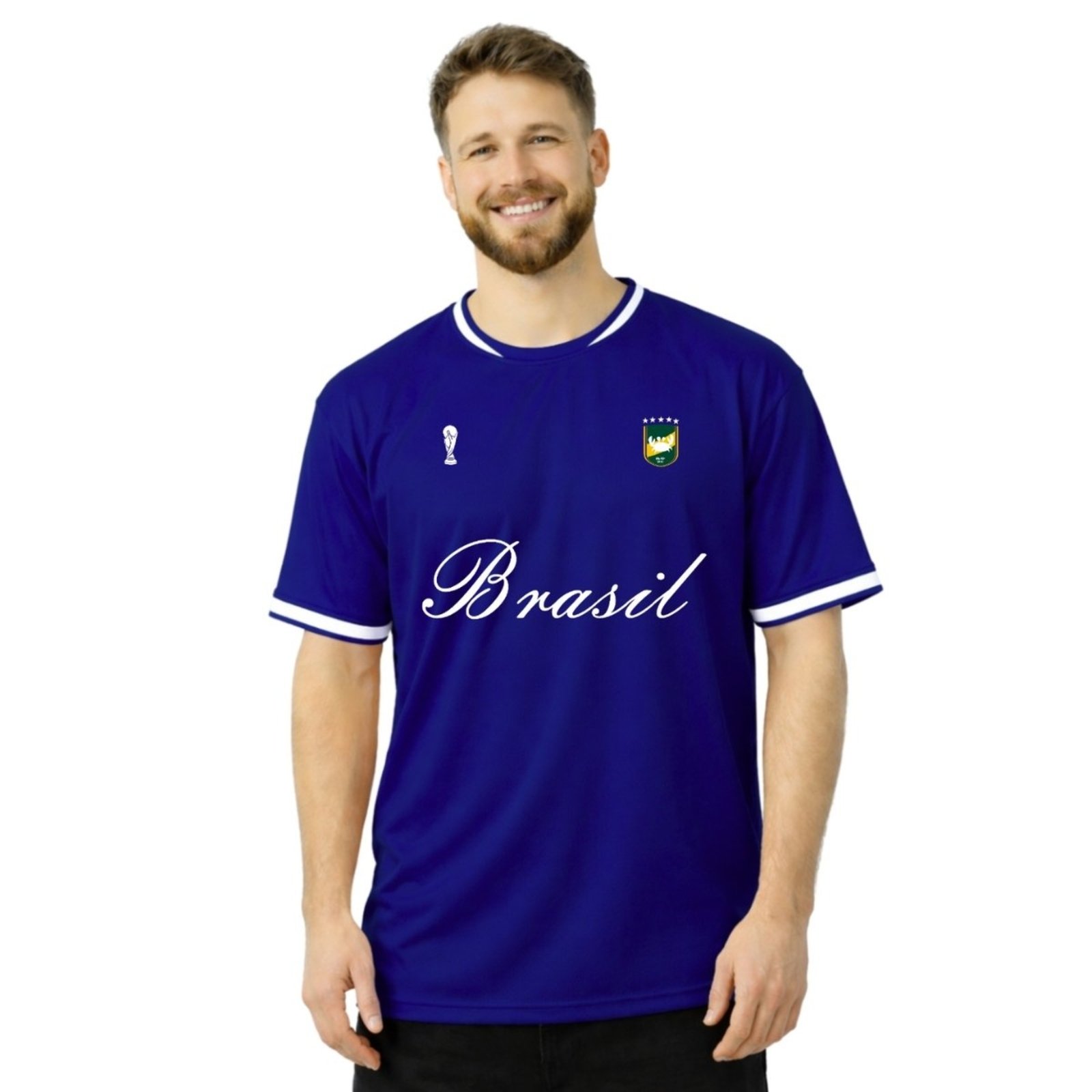 Camiseta Masculina Dry Fit Azul Brasil Escudo 2 Performance Gola Redonda para Treinos