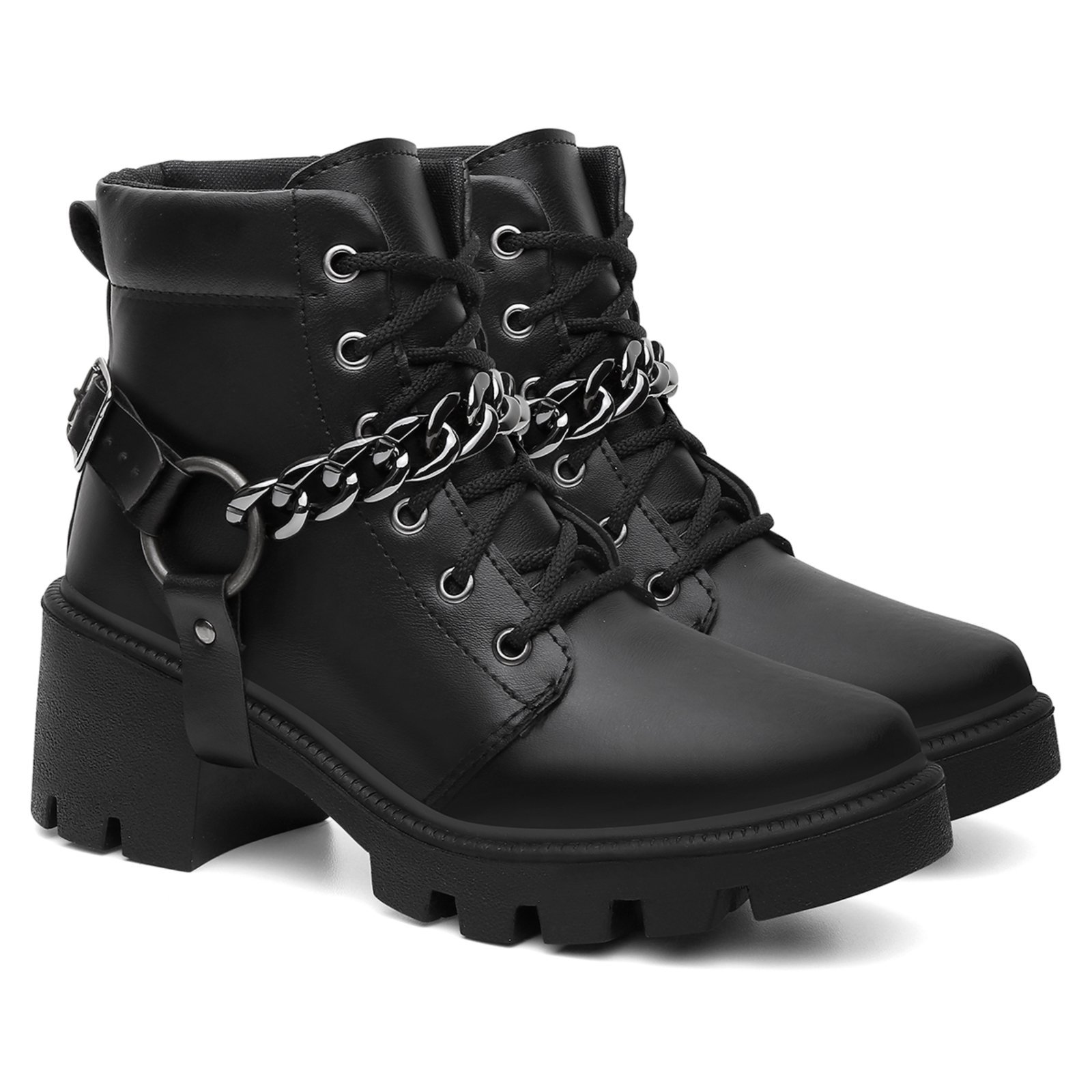 Bota Coturno Tratorado Preto Plataforma Blogueira Casual Básico Dia A Dia Com Acessório Cabresto Removível