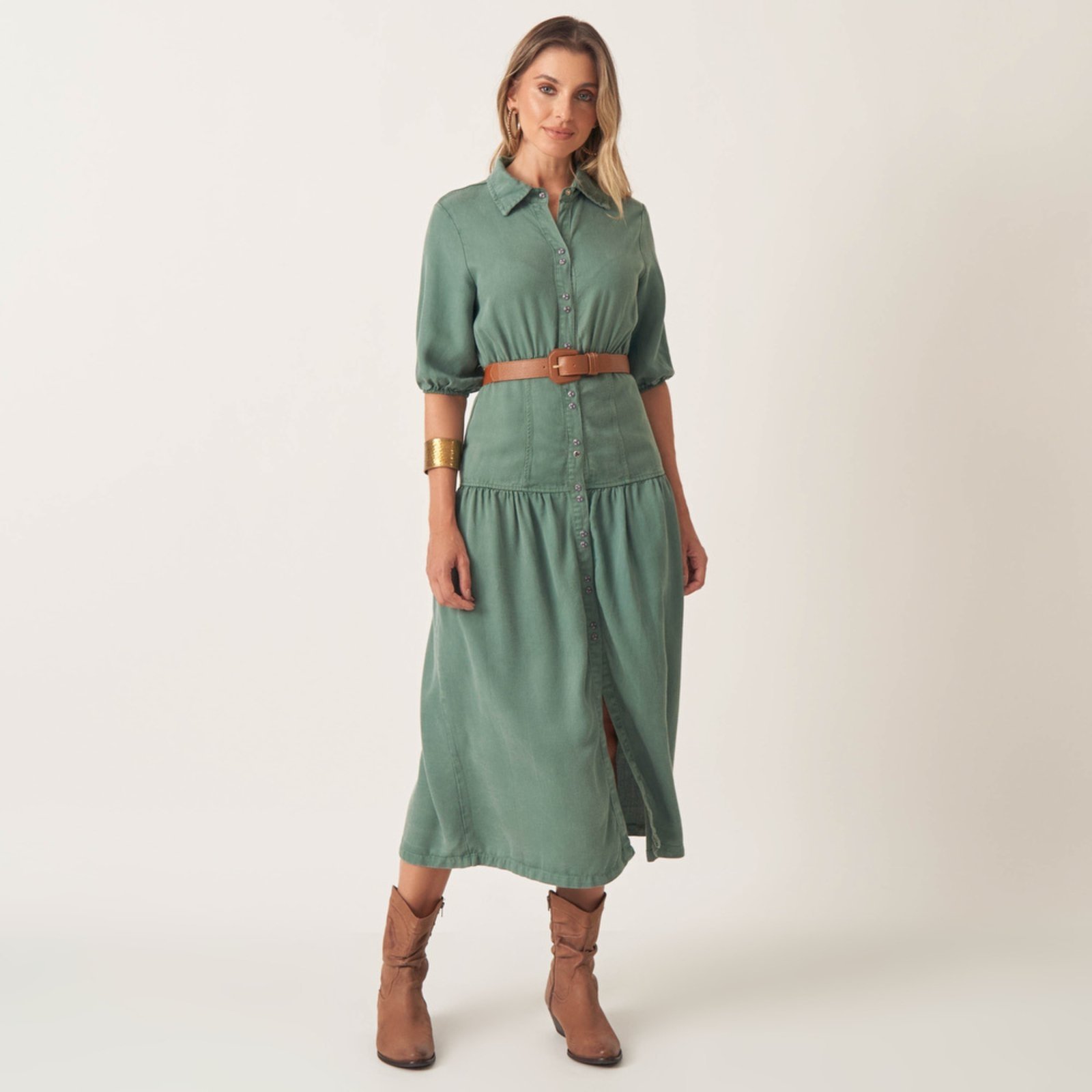 Vestido Jeans Leve Cintura Marcada Franzida