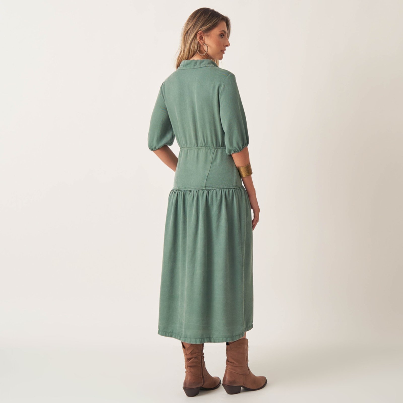 Vista 3 Vestido Jeans Leve Cintura Marcada Franzida Bloom azul Bloom azul