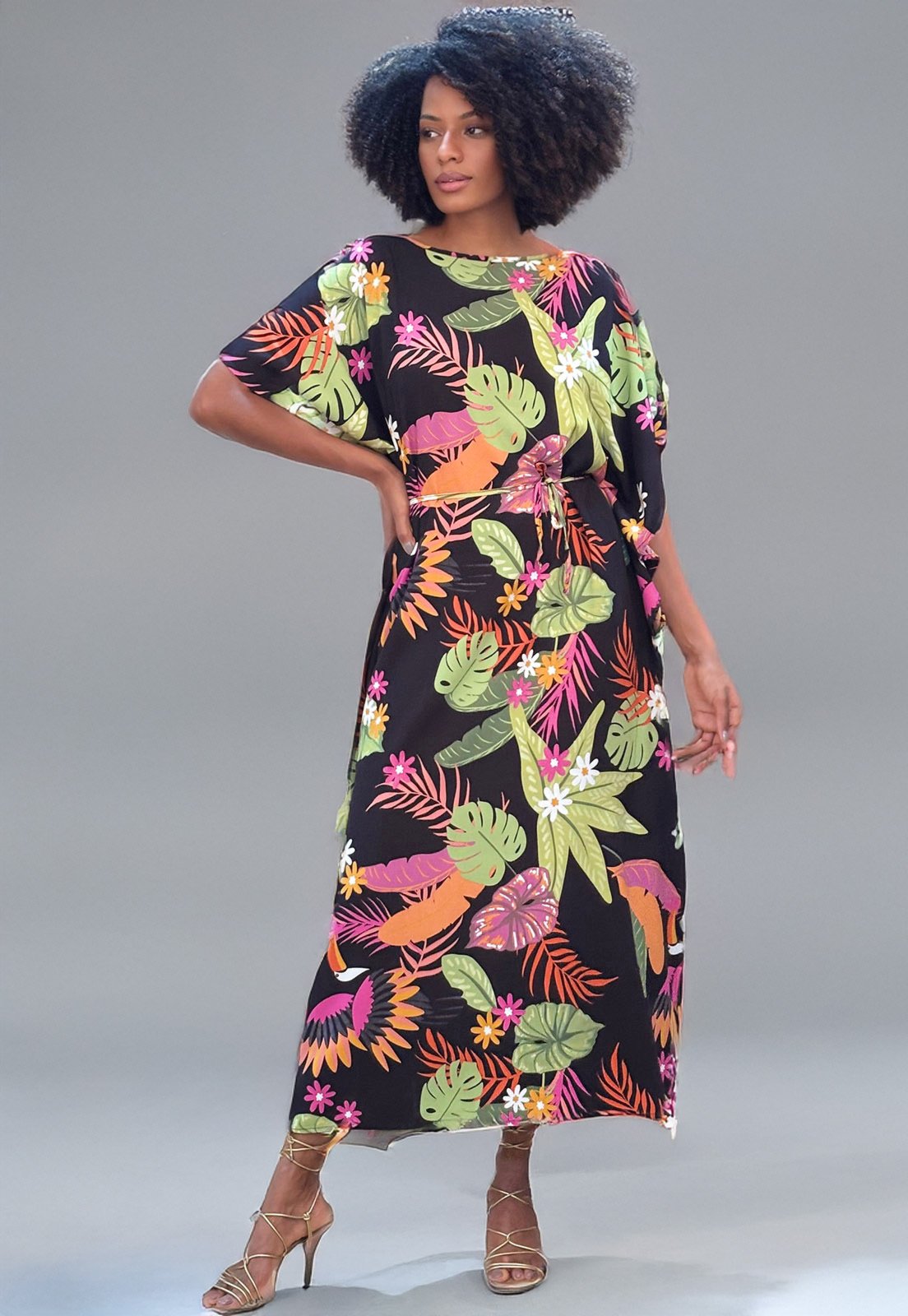 Vista 2 Vestido Amazonia Vital Kaftan Viscose Longo Estampa Noite Botânica bordô/estampado/laranja/verde Amazonia Vital bordô/estampado/laranja/verde