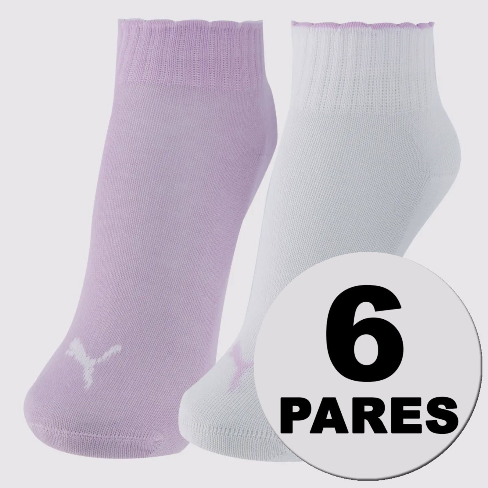 Kit Meias Puma Cano Baixo 6 Pares Lilás e Branca