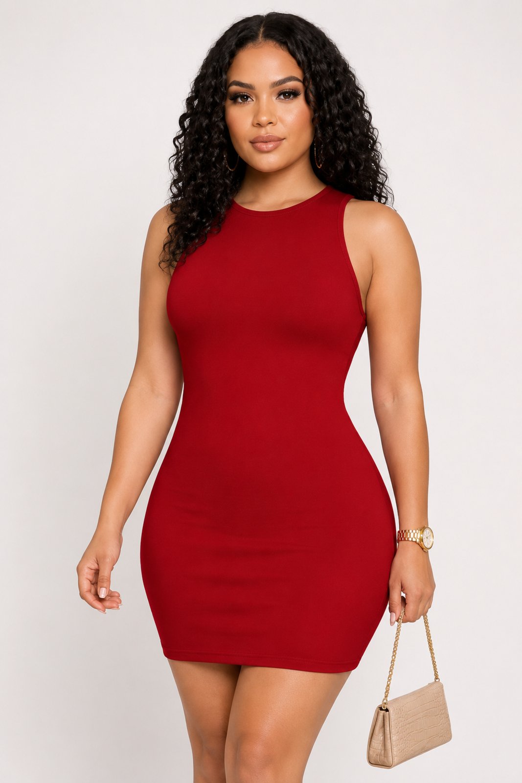 Vestido Curto D Bell Outlet Fashion Feminino Canelado Elástico Gola Redonda Vermelho