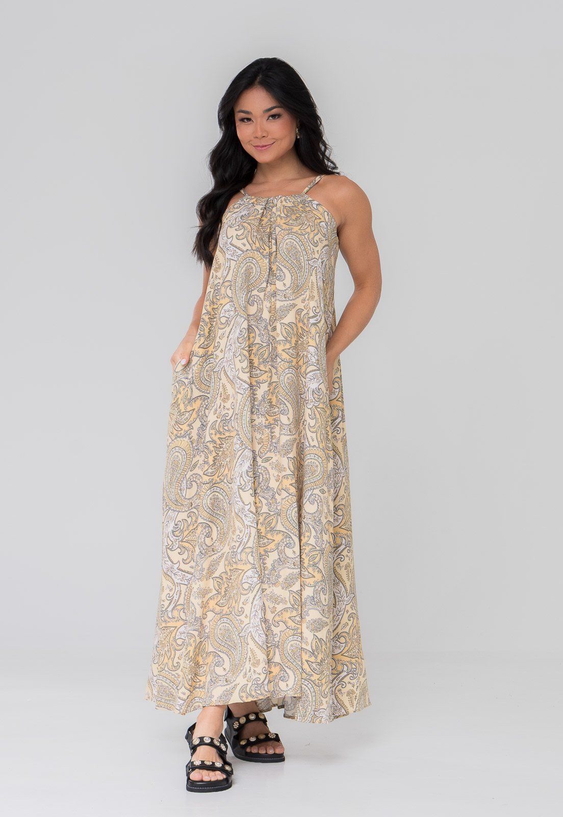 Vestido Aura Ohana Viscolinho Paisley Amarelo