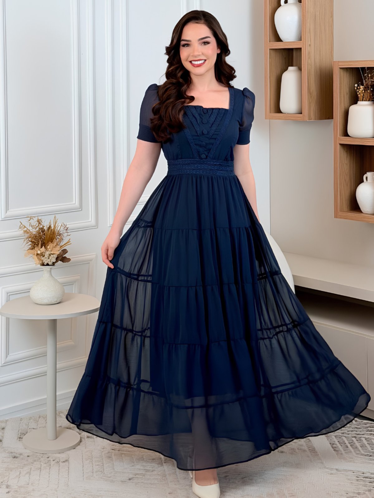 Vestido Longo Feminino para Festa Elegante Decote Quadrado Noiva Casamento Civil Azul Marinho