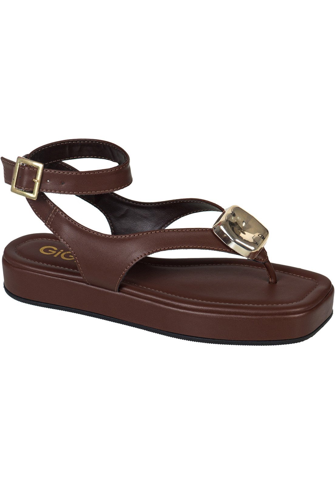 Vista 3 Sandália Feminina GiGiL Tiras de Dedo Flatform Baixa Detalhe Metalizado Ajuste Fivela no Tornozelo Terra marrom Gigil marrom