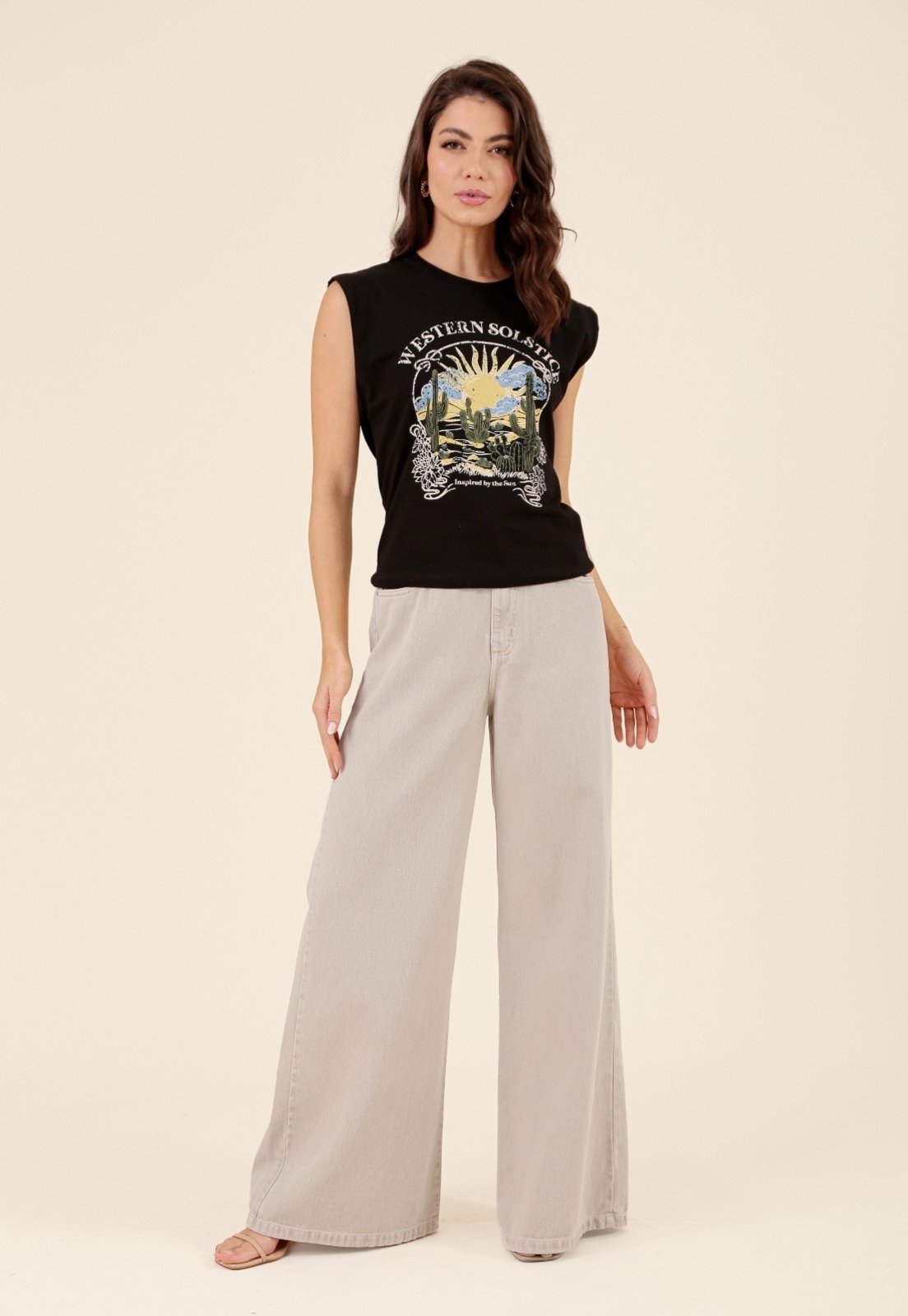 Calça Pop Me Em Sarja Pantalona Bege