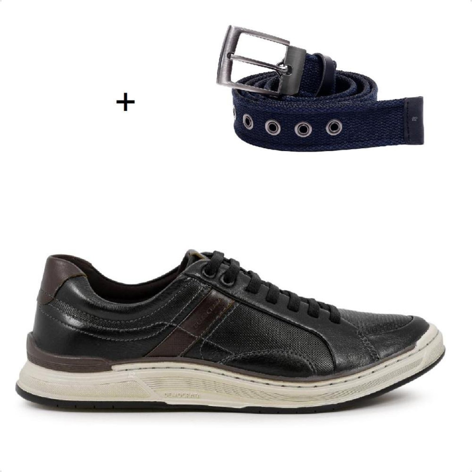 Sapatênis Democrata Denim Loop + Cinto Dupla Face Fivela Preto