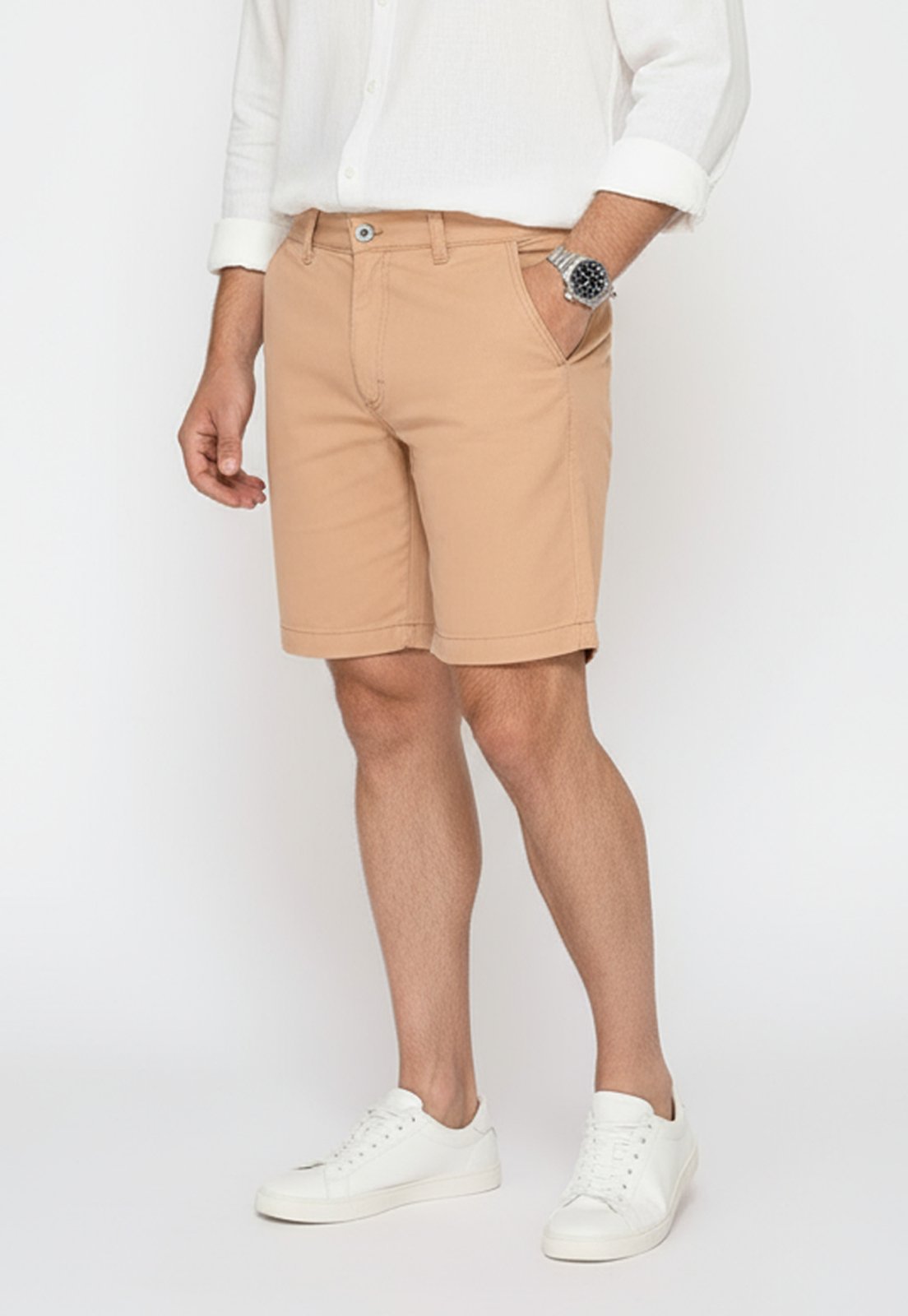 Bermuda Masculina Sarja Chino Casual Confortável Algodão Bege