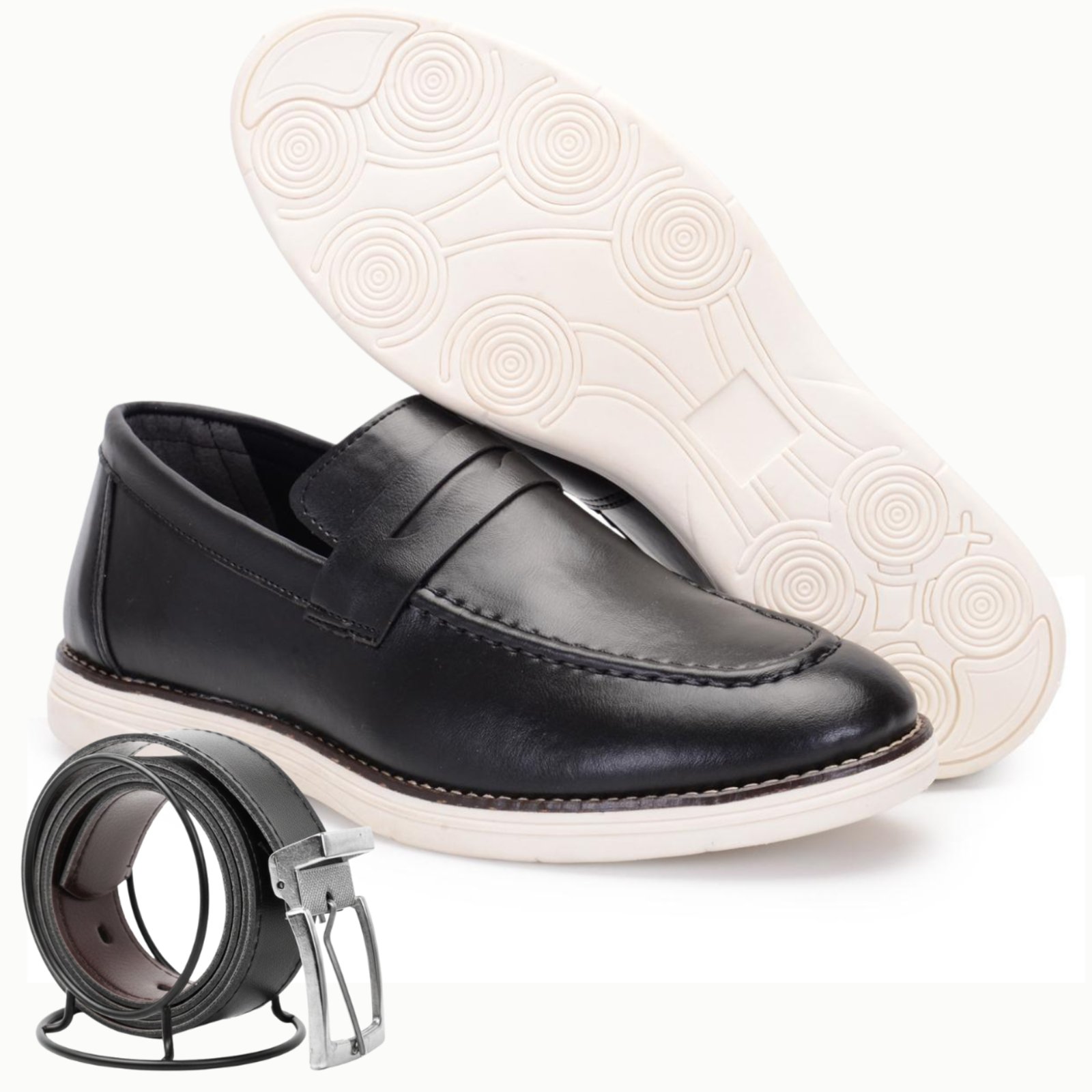 Mocassim Kit Masculino Sapatofran Couro Calce Fácil Com Cinto Dupla Face Preto