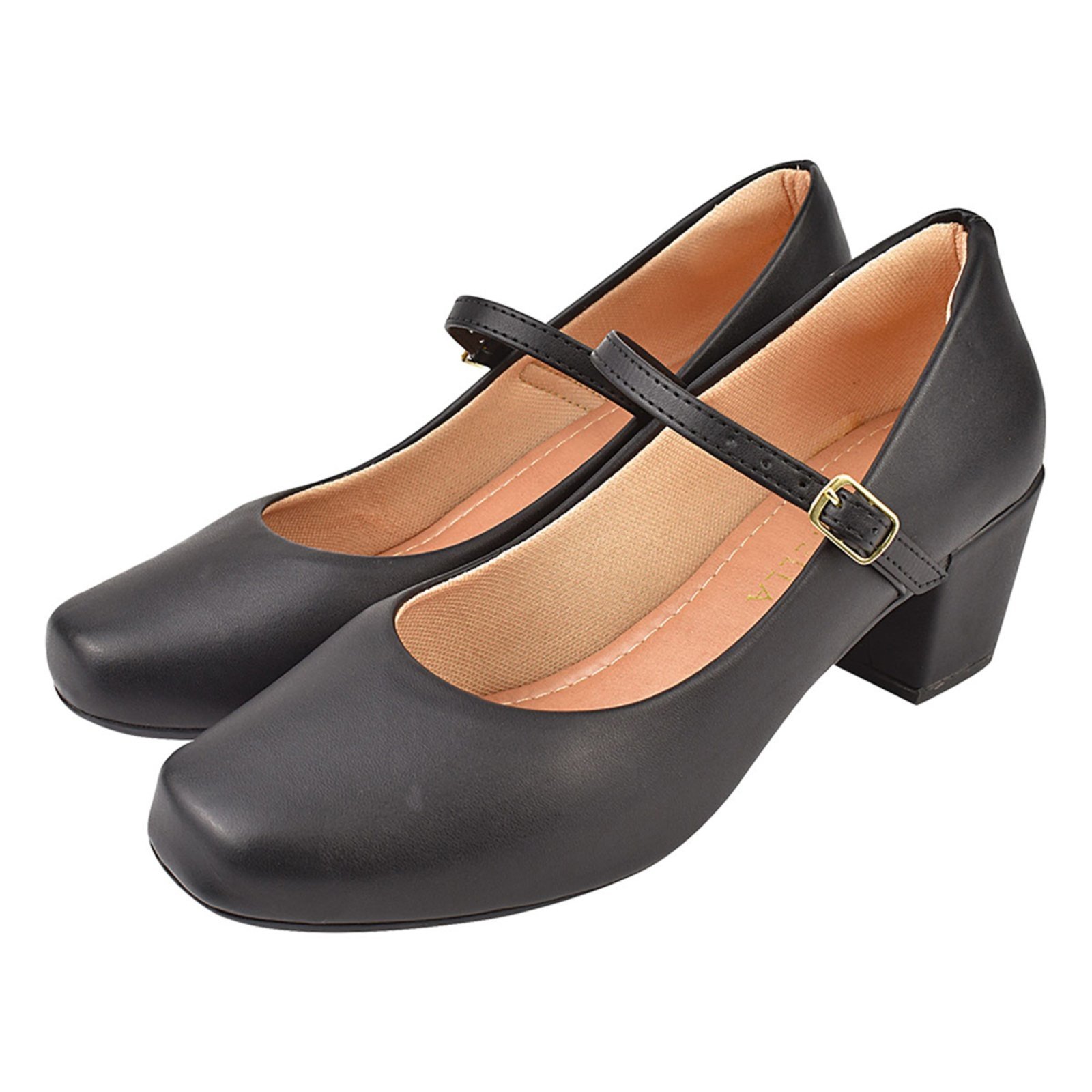 Sapato Scarpin Mary Jane Boneca Bailarina Donatella Shoes Bico Quadrado Salto Confort Fivela Preto
