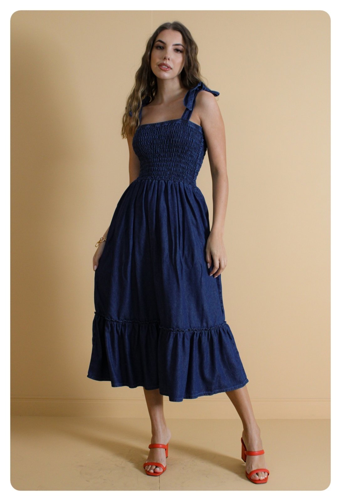 Vestido Midi Sisal Jeans Top de lastex e alças largas Azul