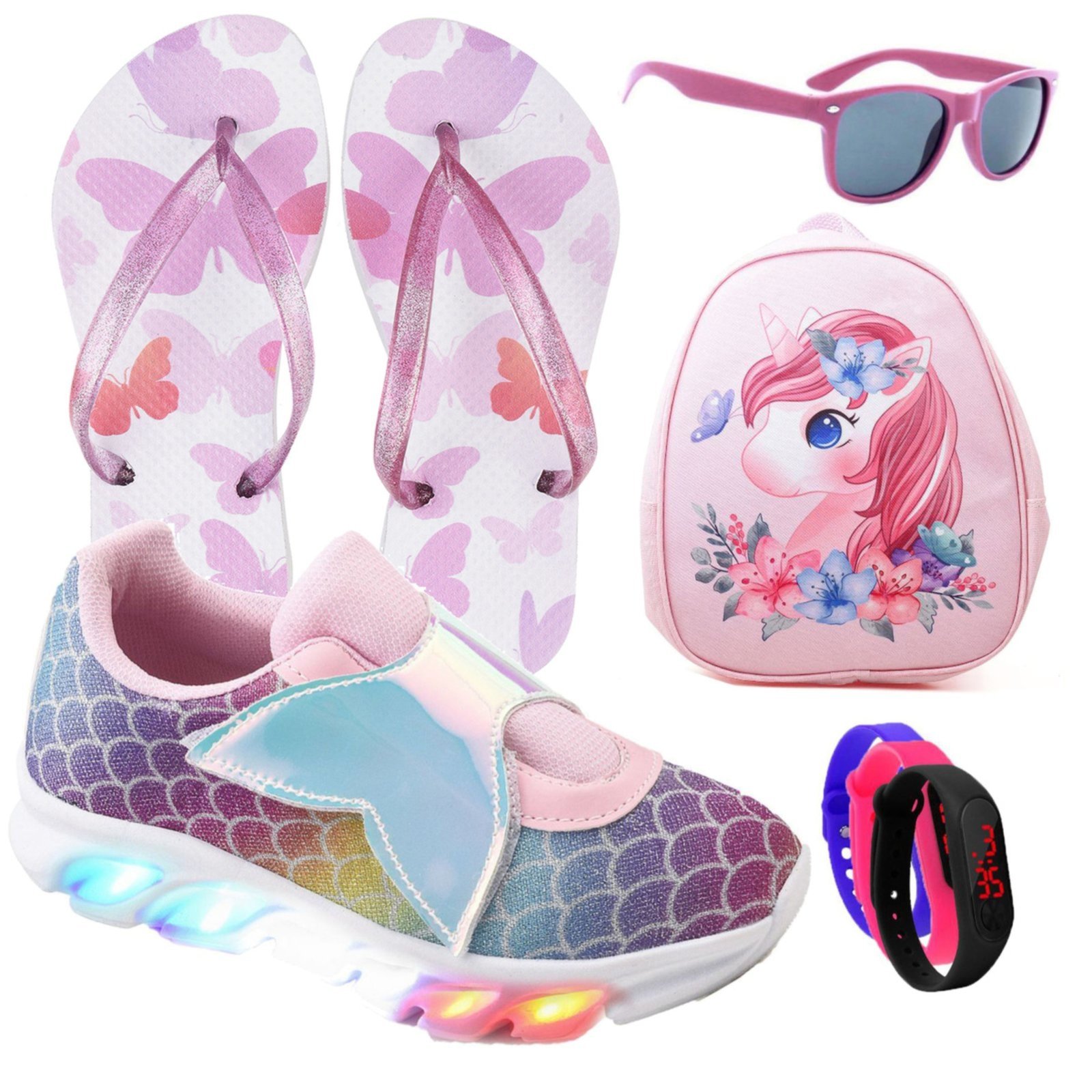 Infantil – Kit Tênis De Led Sereia Glitter Personagem Meninas Mochila Chinelo Óculos Relógio