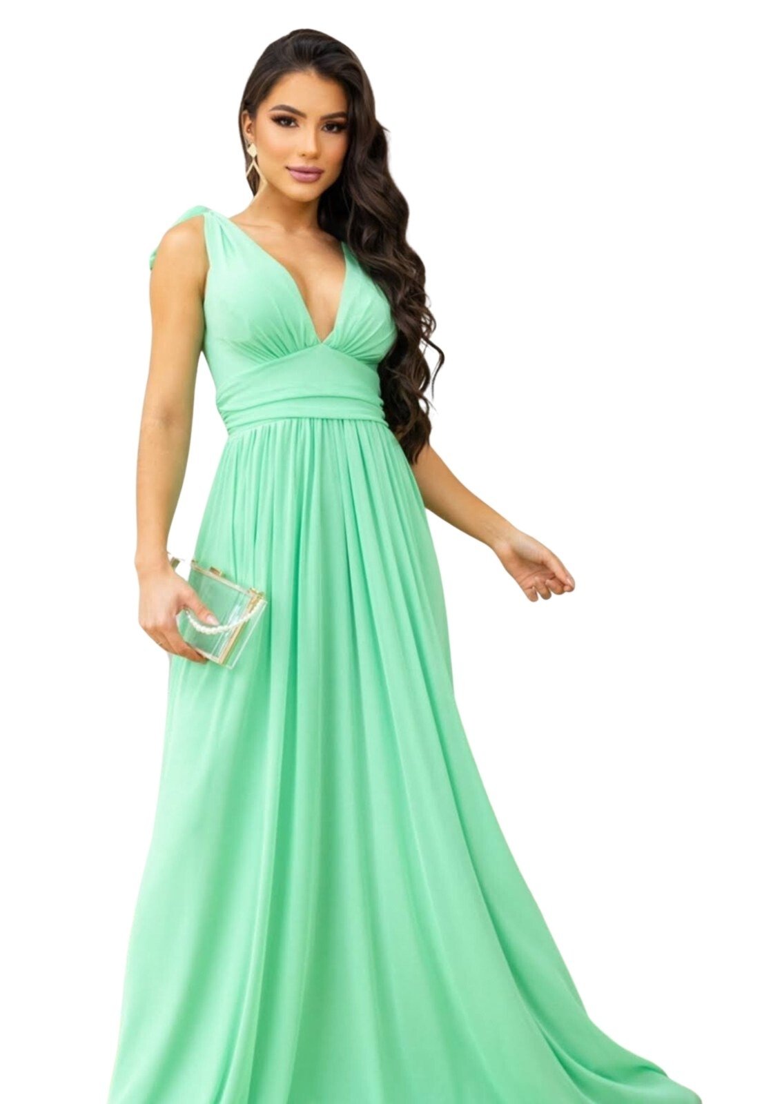 Vestido Longo de Festa Premium Cibelle Micro Tule Verde Limão