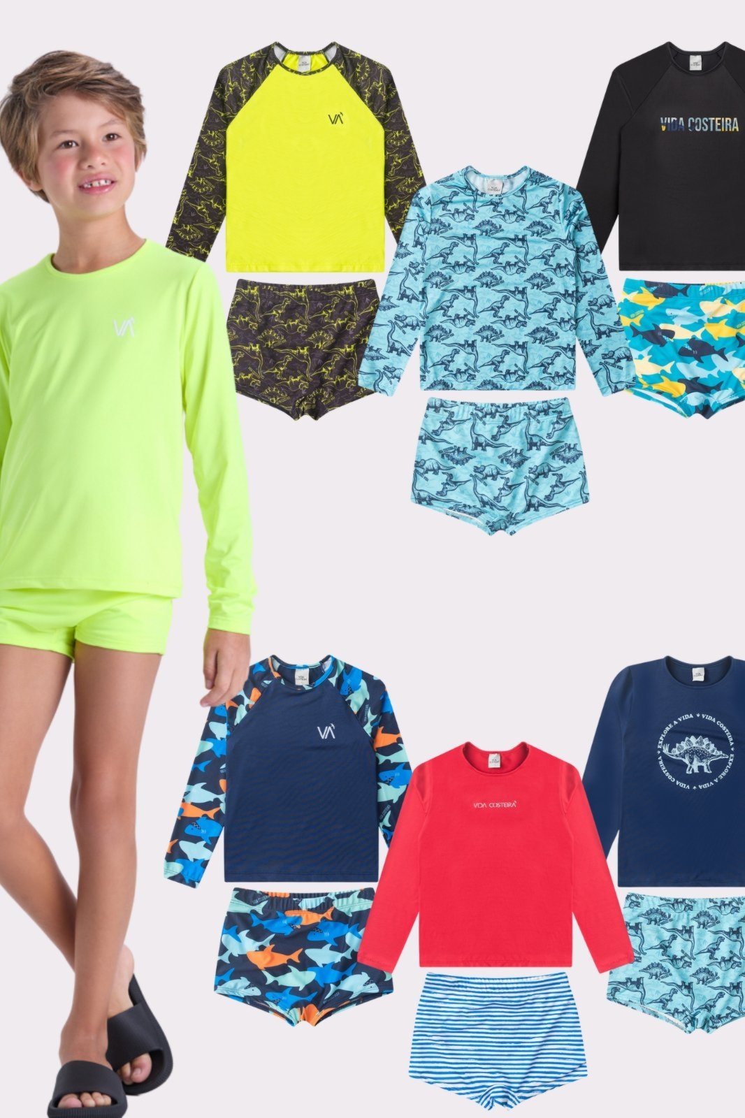 Kit Sortido 6 Peças de Roupas Infantis Menino Moda Praia- 3 Camisas + 3 Sungas