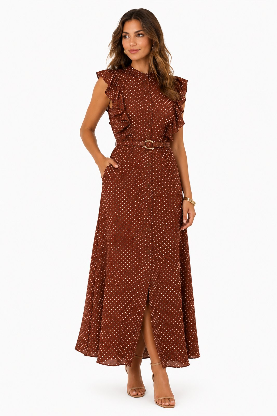 Vestido Longo D Bell Outlet Fashion Crepe Poá Marrom