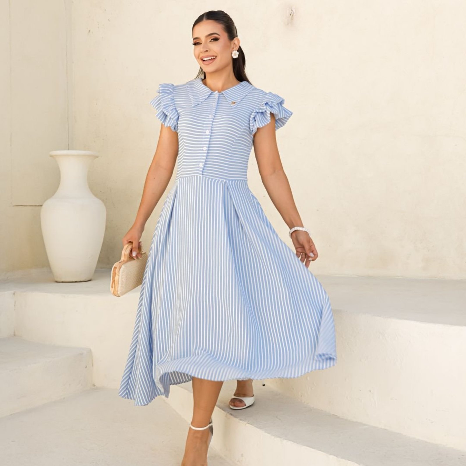 Vestido Feminino Midi Acinturado Saia Evasê Com Mangas Bufantes Moda Evangelica Modesta Listrada